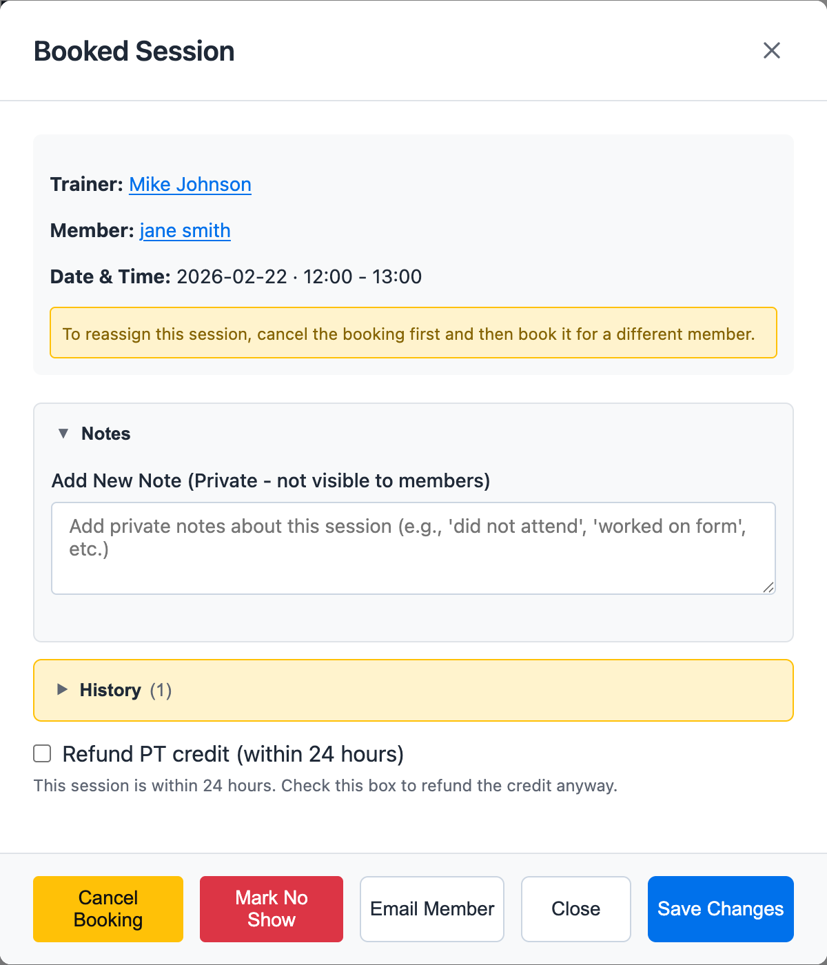 Booked session modal showing trainer, member, date and time, private notes, and session actions