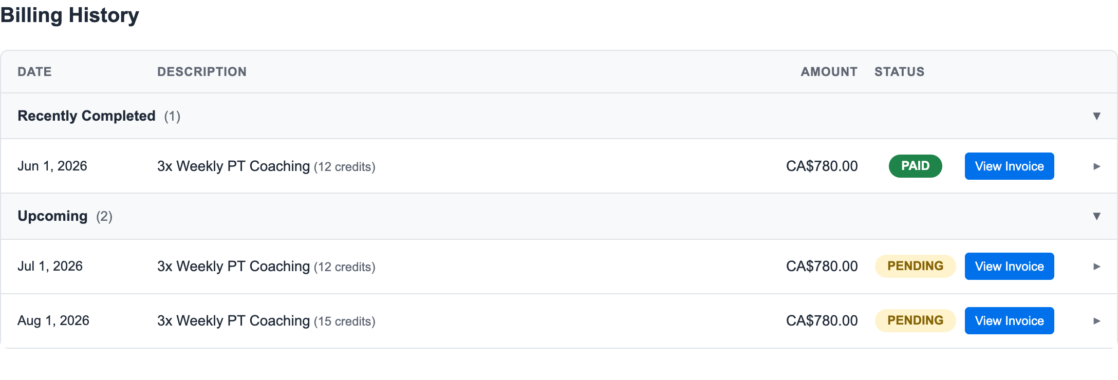 Billing history table showing a recently completed fixed-weekly membership invoice and upcoming monthly billing rows