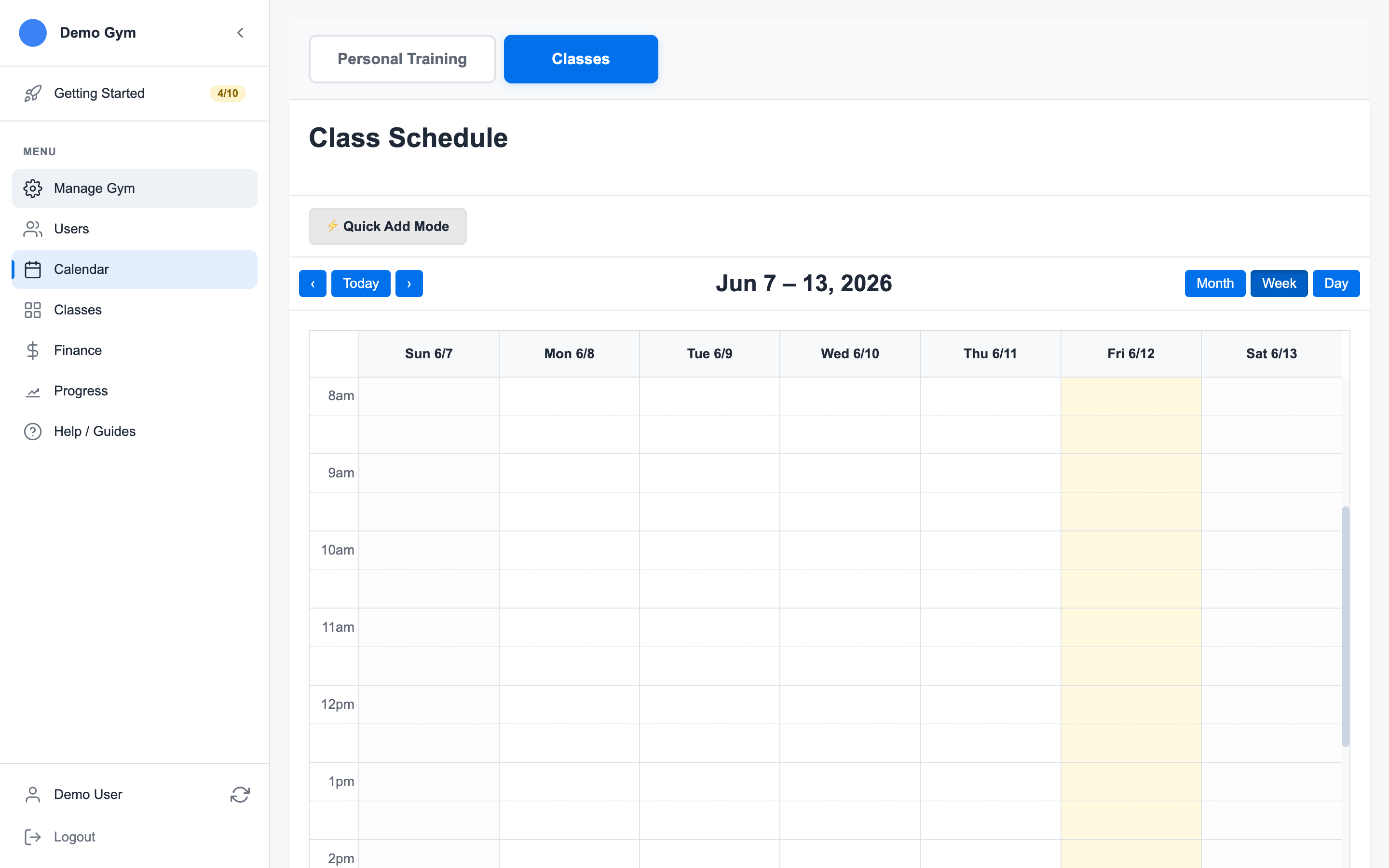 Class calendar full page showing the class schedule tab and weekly class grid
