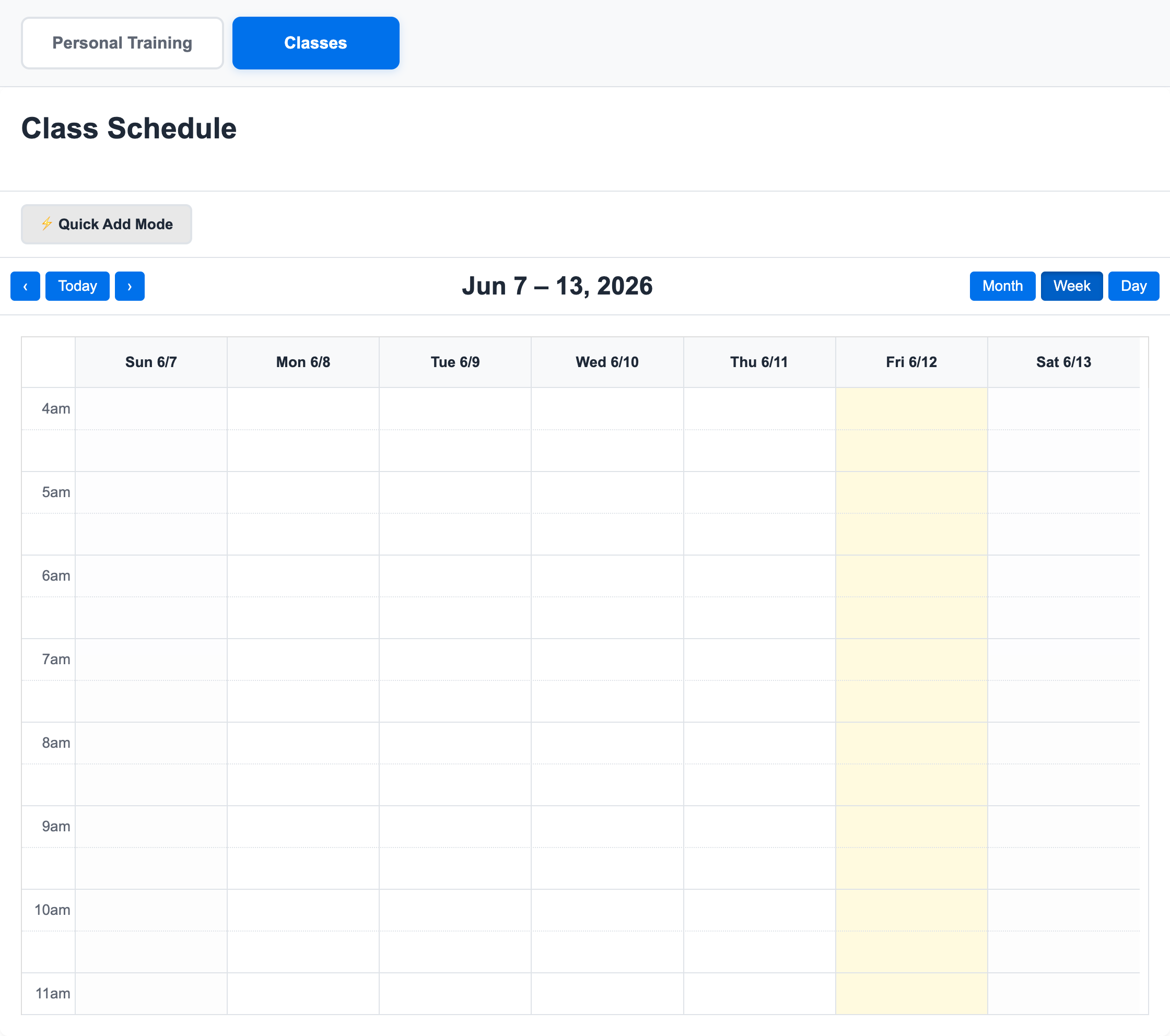 Class calendar workspace showing Quick Add Mode, week view, and class schedule grid