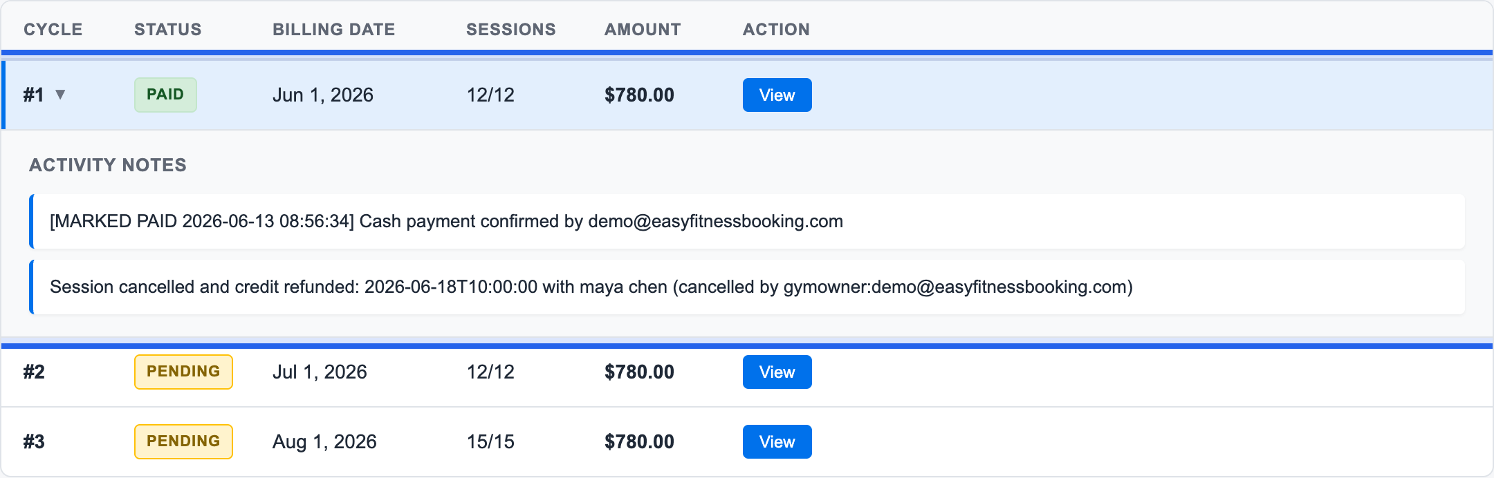 Invoice history with activity notes expanded showing a paid invoice and a session cancelled with credit refunded