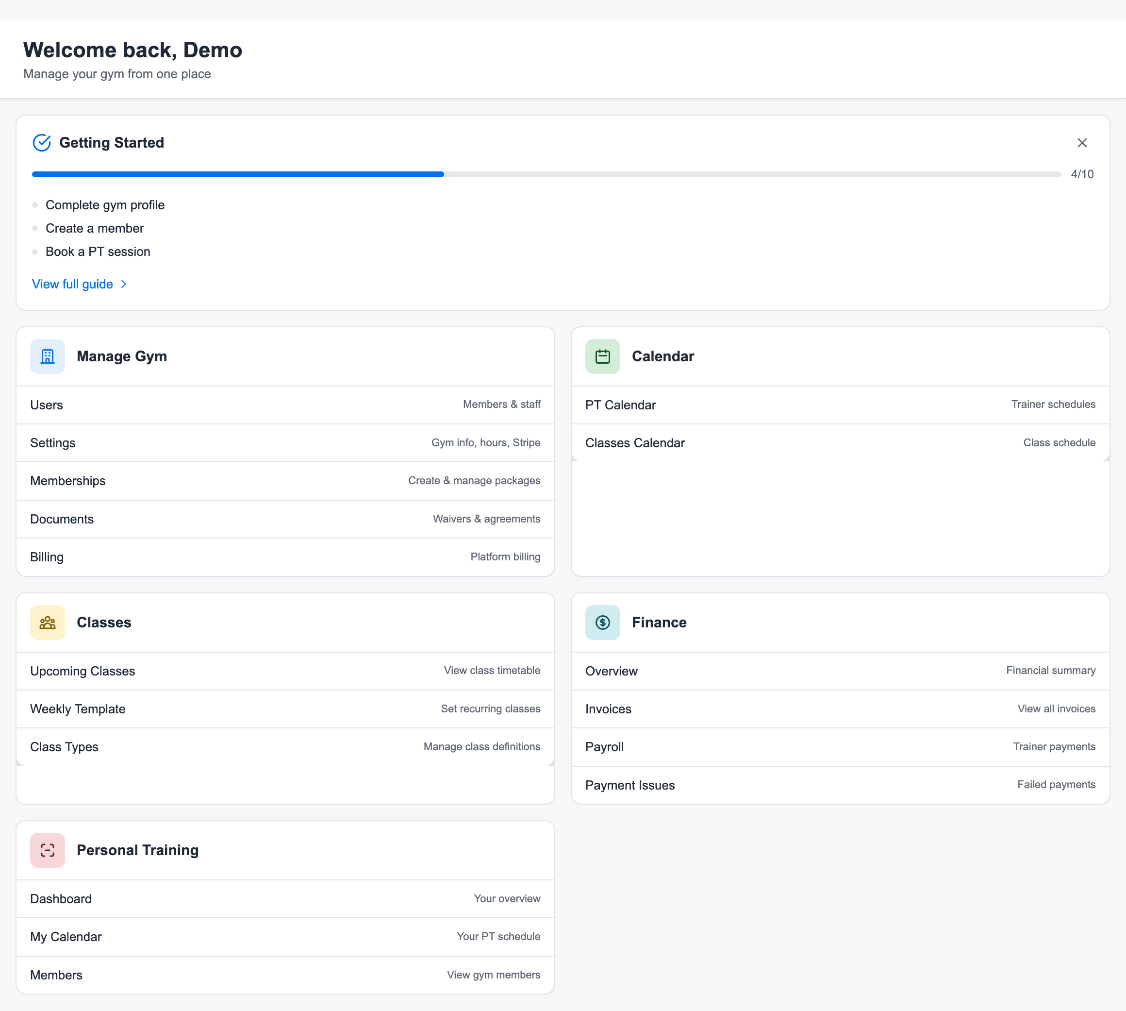 Easy Fitness Booking dashboard showing gym management, calendar, class, finance, and personal training sections