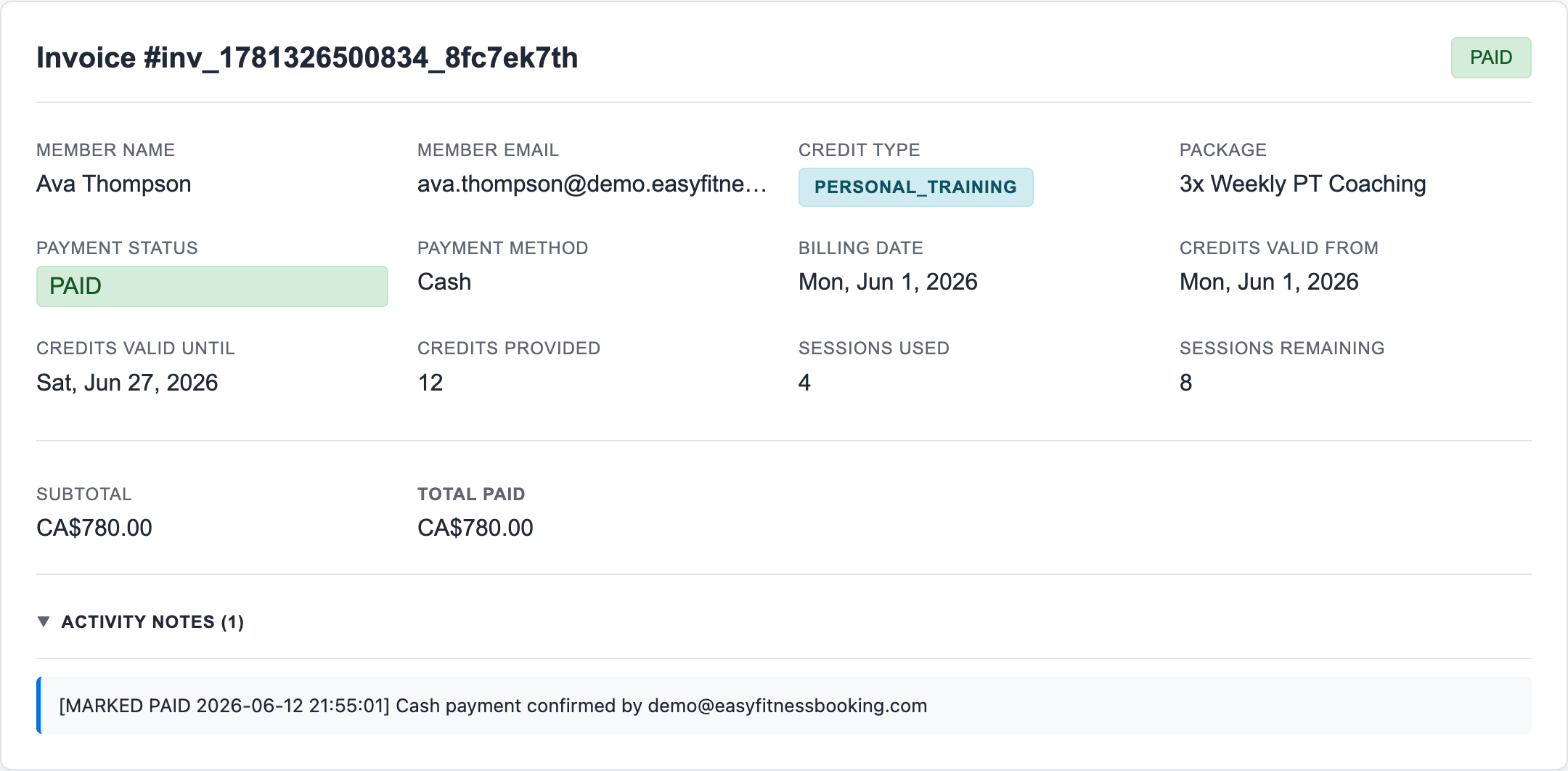 Invoice detail page showing payment status, weekly credits, sessions used, and activity notes expanded