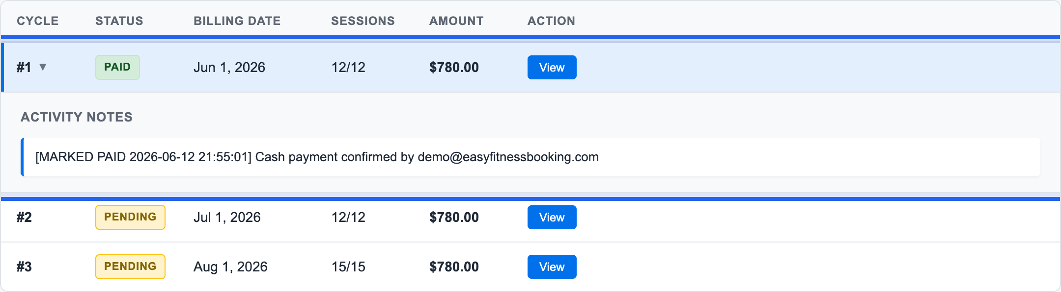 Invoice history row expanded to show the marked-paid activity note for a fixed-weekly membership invoice