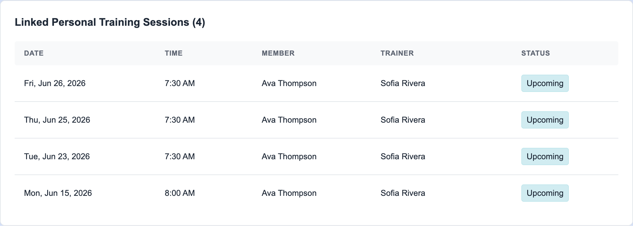 Invoice detail page showing linked personal training sessions attached to the paid invoice