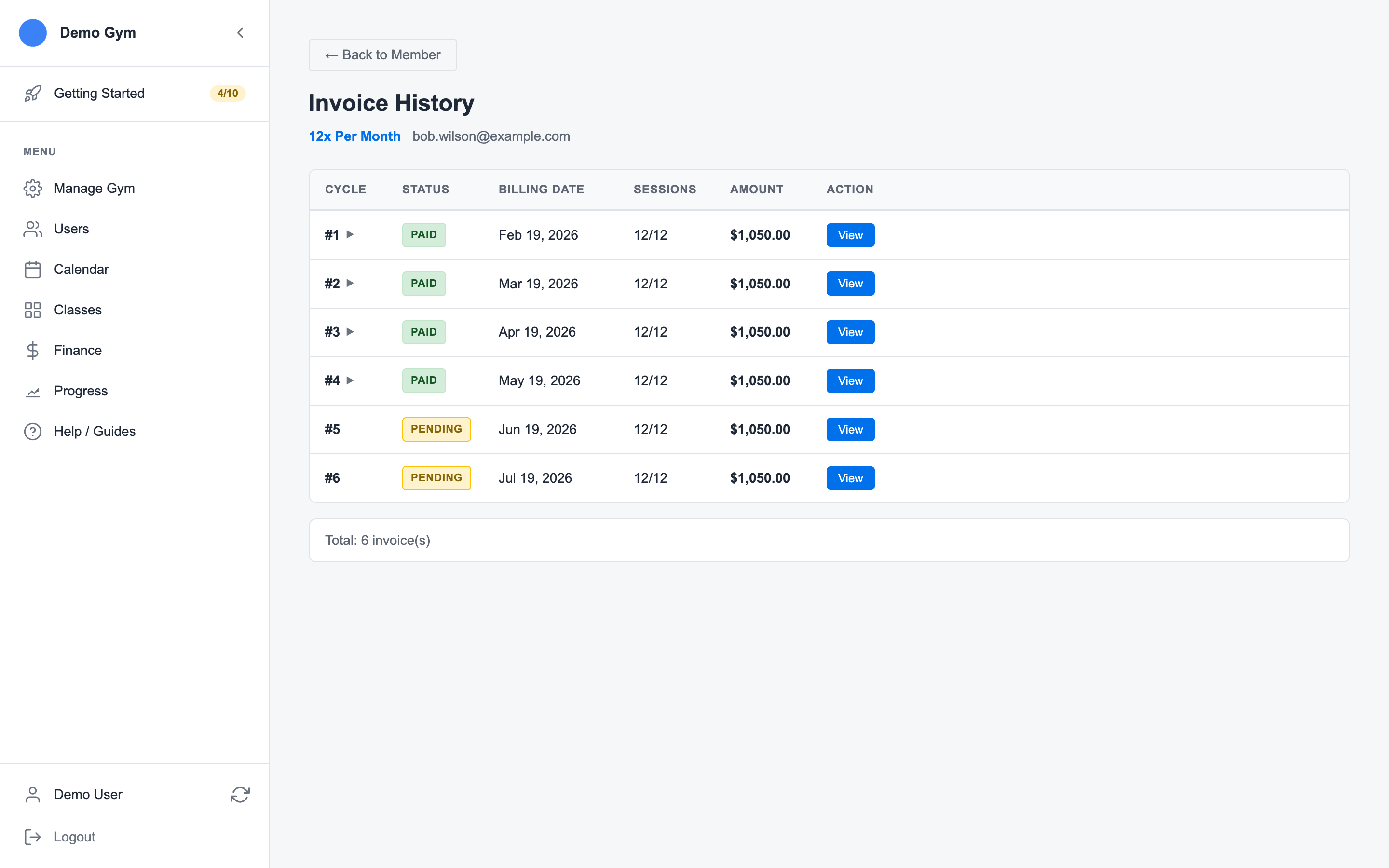 Invoice history page showing paid and pending membership invoice cycles with sessions, billing dates, and amounts