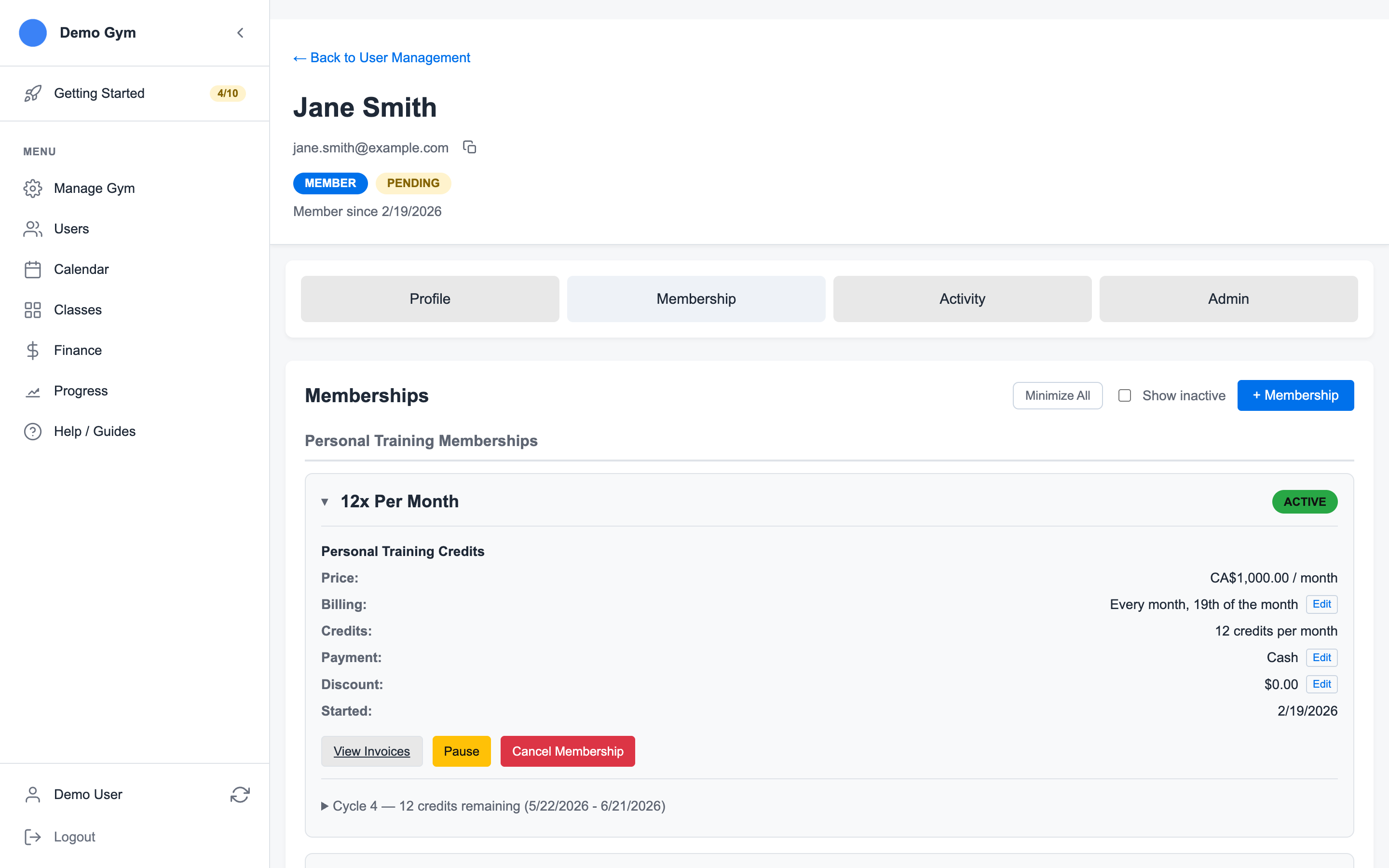 Member account memberships view showing active memberships and billing controls