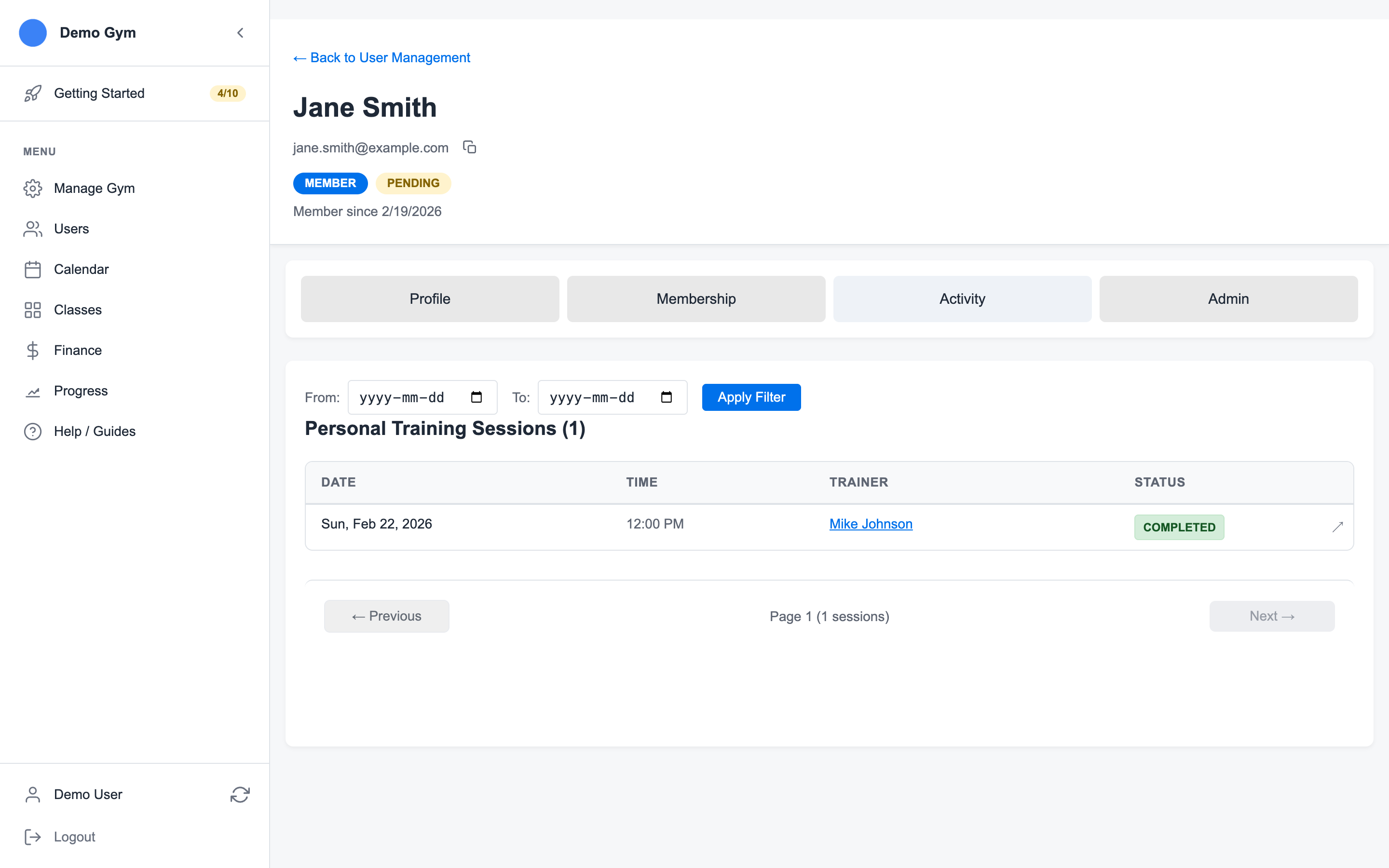 Member activity tab showing personal training sessions with date, time, trainer, status, and action control