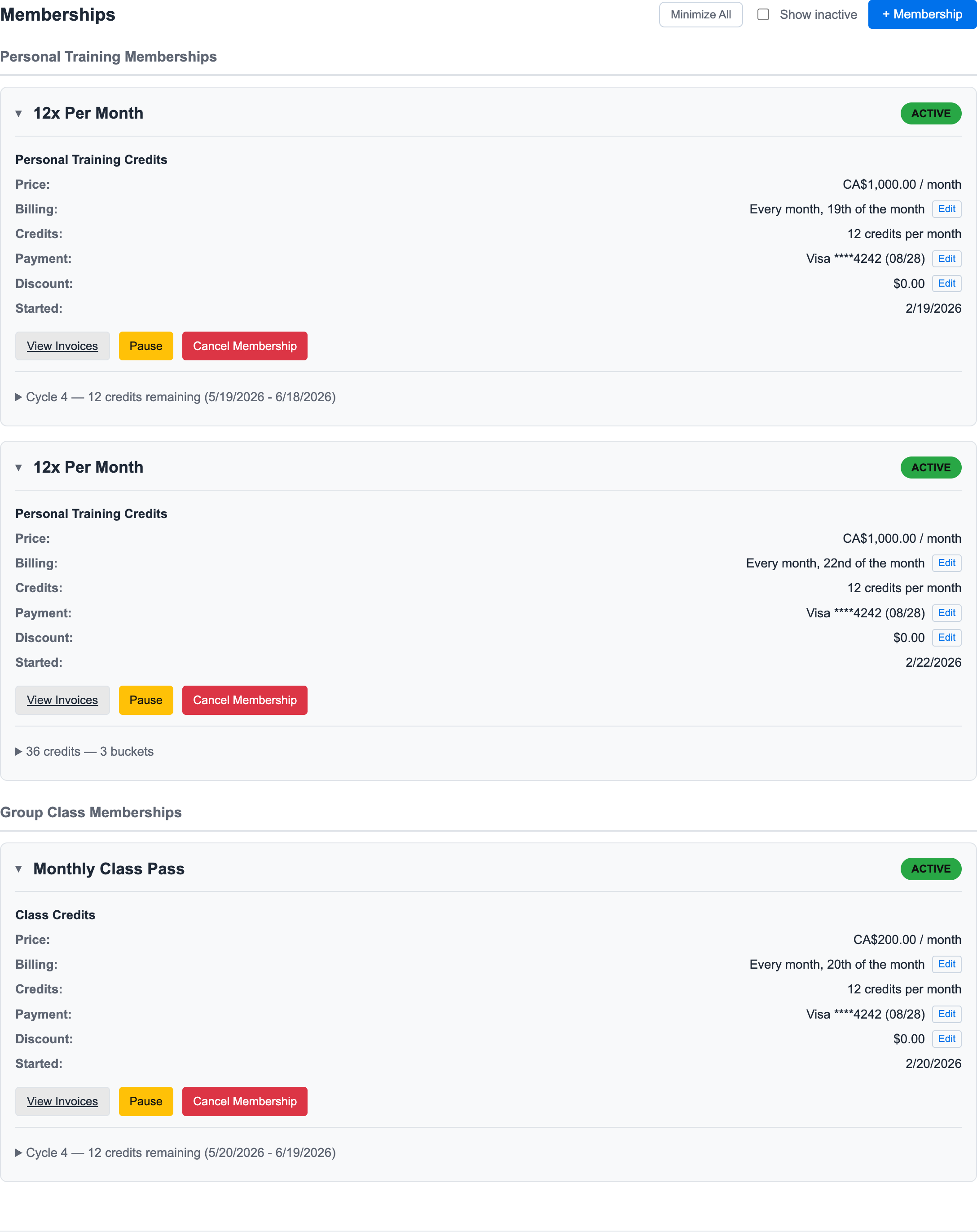 Member memberships panel showing active PT and class memberships with billing, payment, and invoice actions