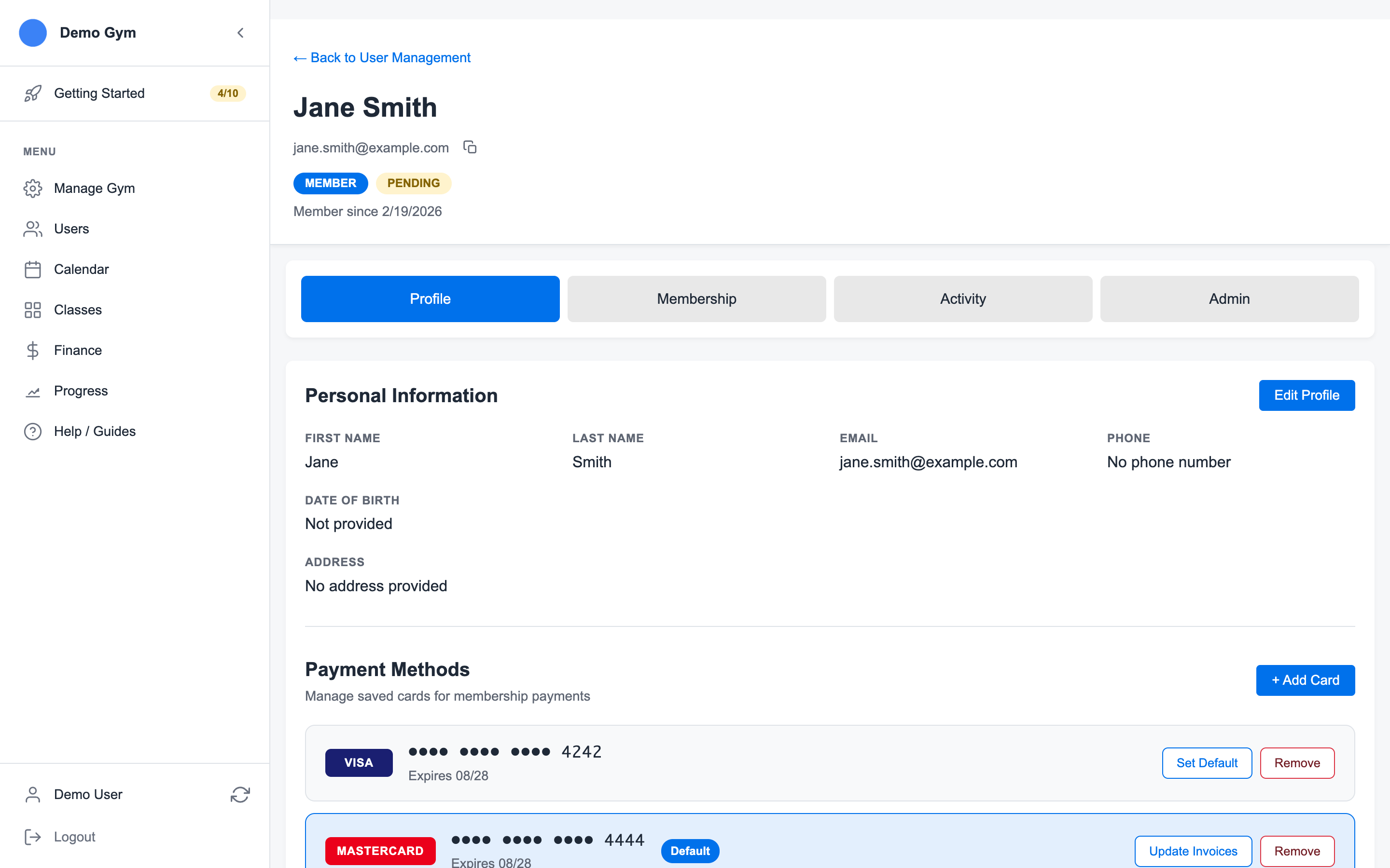 Member profile overview showing member identity, status, and profile tabs