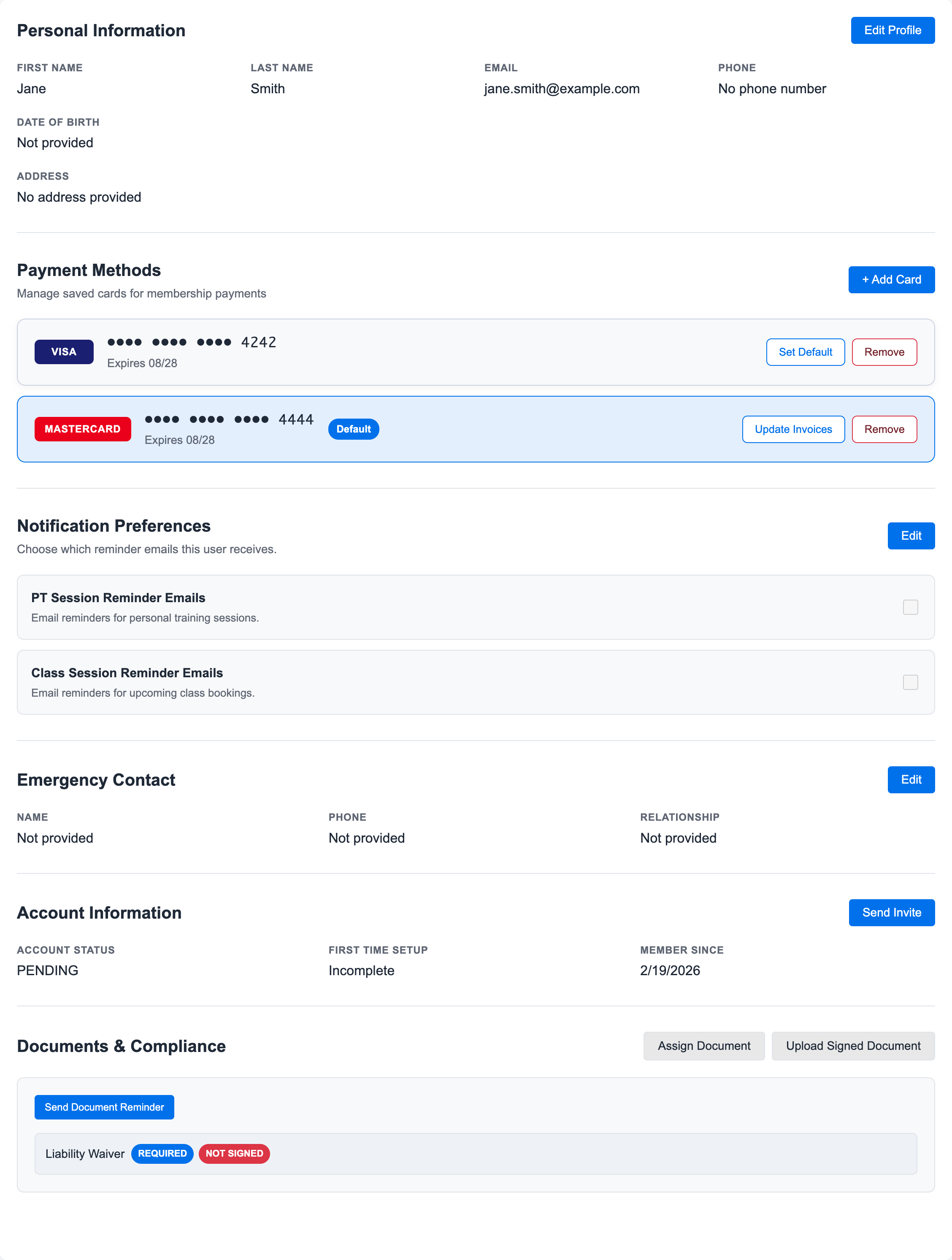 Member profile panel showing payment methods, default card, update invoices action, and document compliance