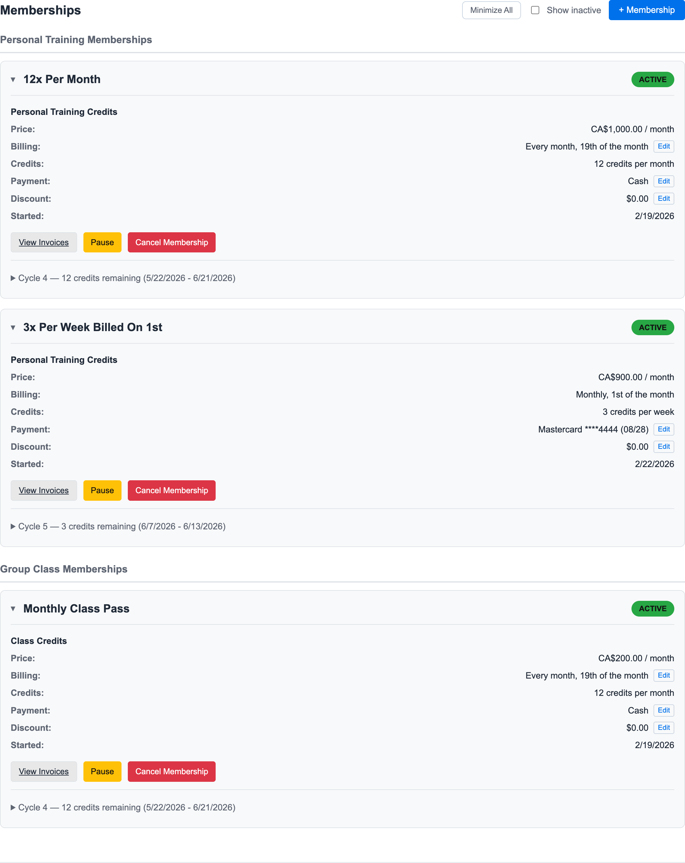 Member memberships panel showing active memberships with View Invoices, Pause, and Cancel Membership actions
