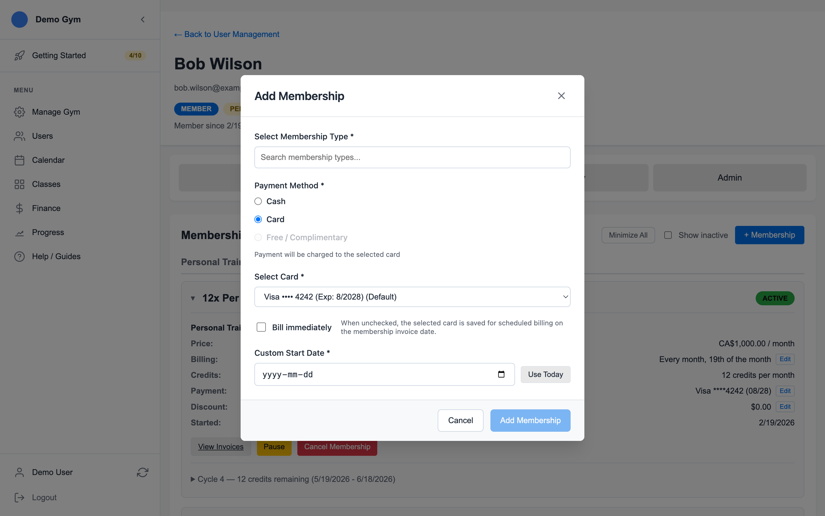 Add Membership modal showing membership type search, payment method, card selection, bill immediately, and custom start date