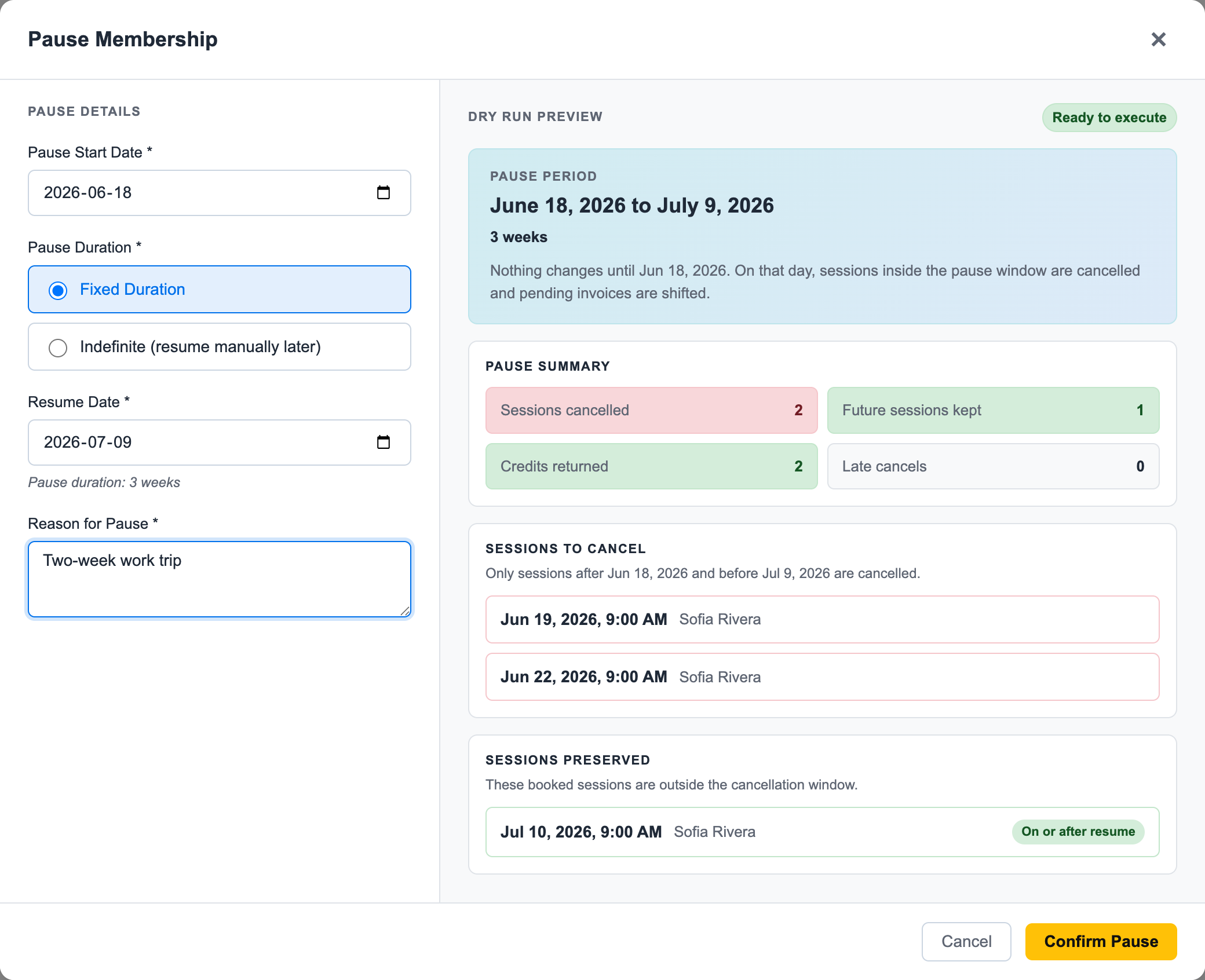 Pause membership dry run showing fixed pause dates, sessions cancelled, future sessions kept, credits returned, and the confirmation button