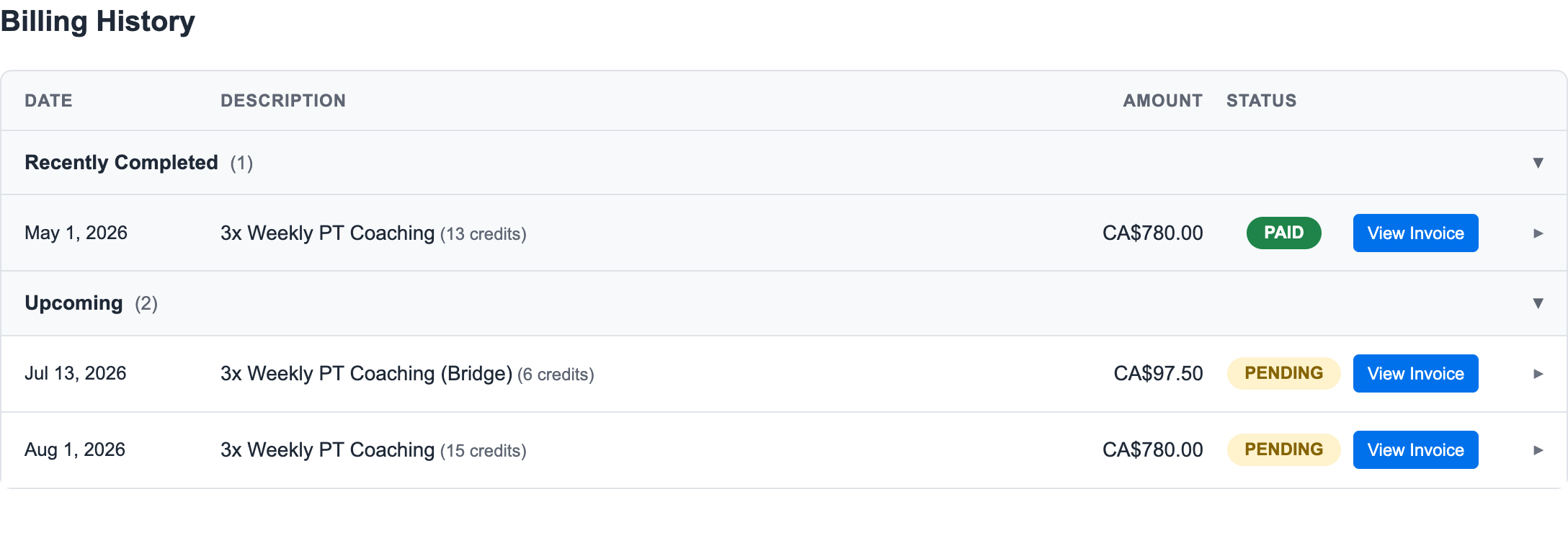 Billing history after resume showing the original paid invoice, a smaller bridge invoice, and the next regular monthly invoice