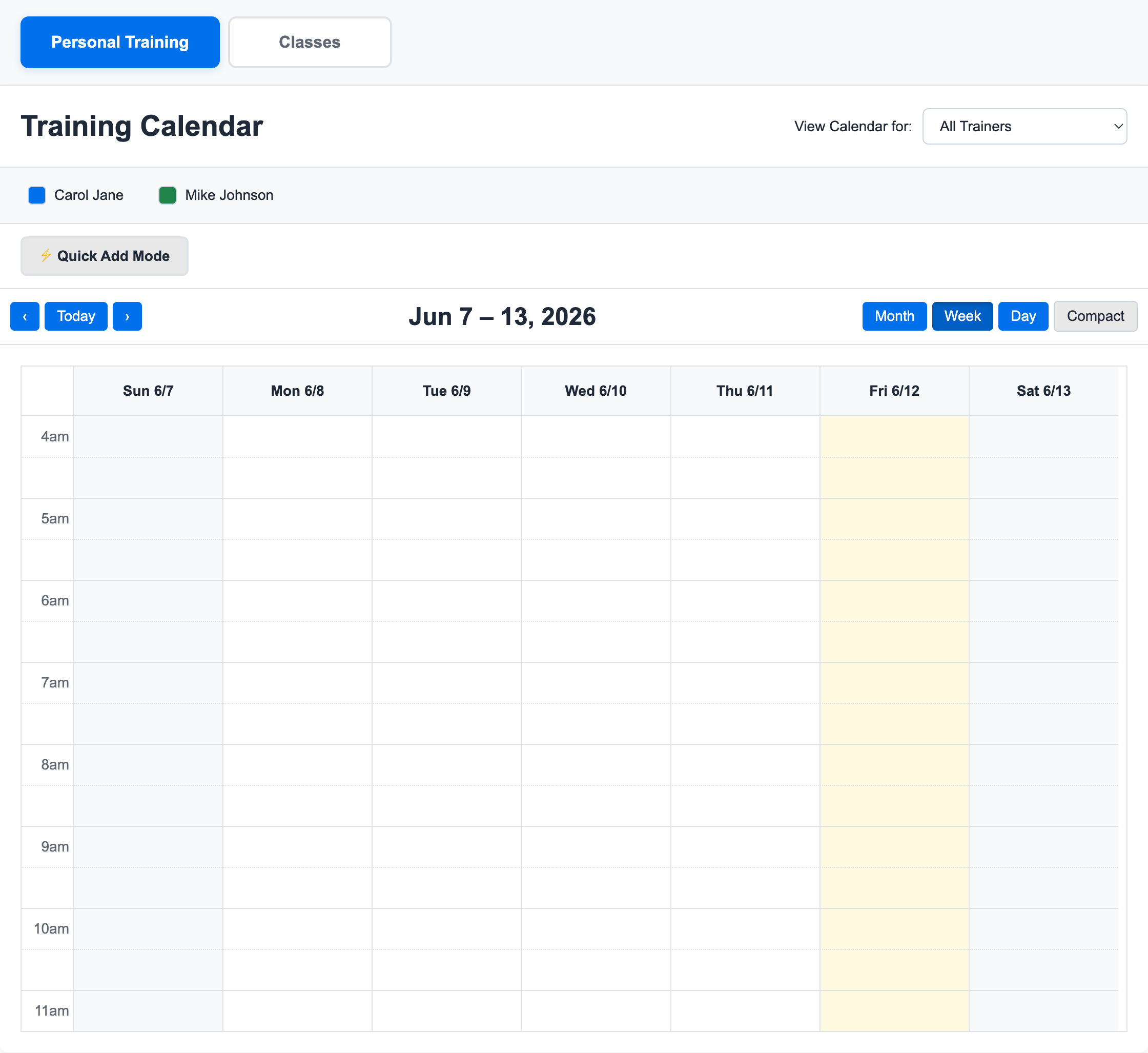 Personal training calendar workspace showing trainer selection, Quick Add Mode, and weekly schedule grid
