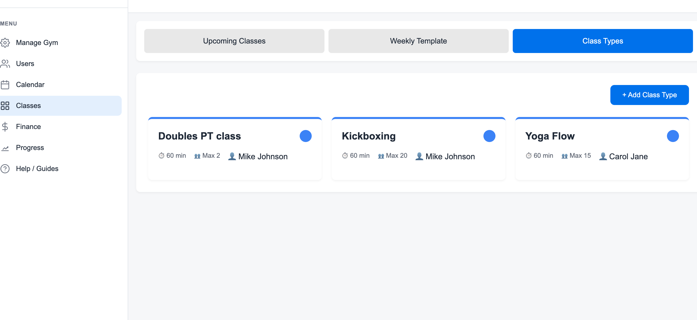 Class types page showing the Add Class Type action and existing class type cards