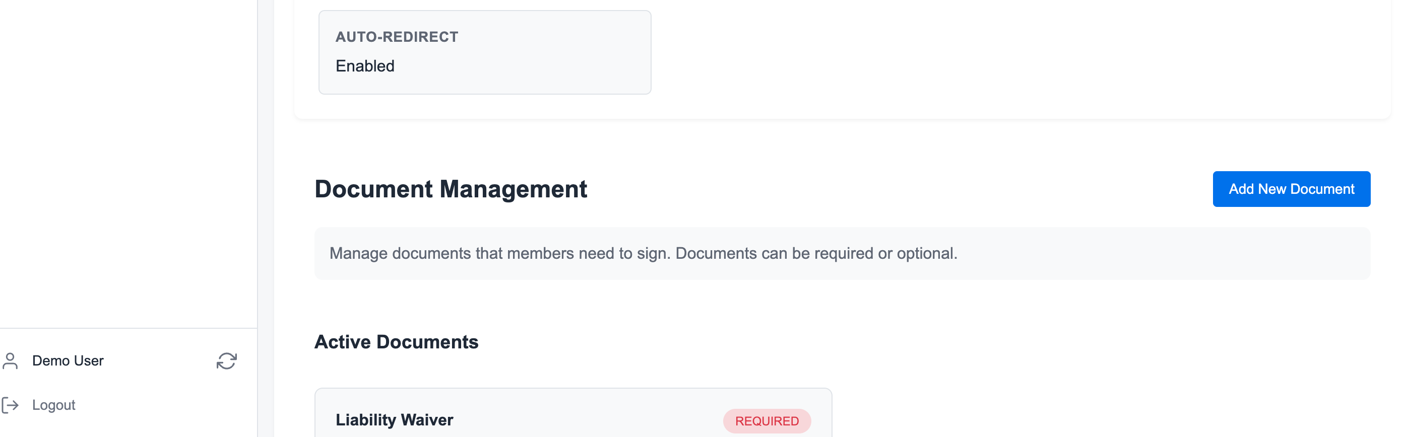 Document management page showing the Add New Document action and document setup area