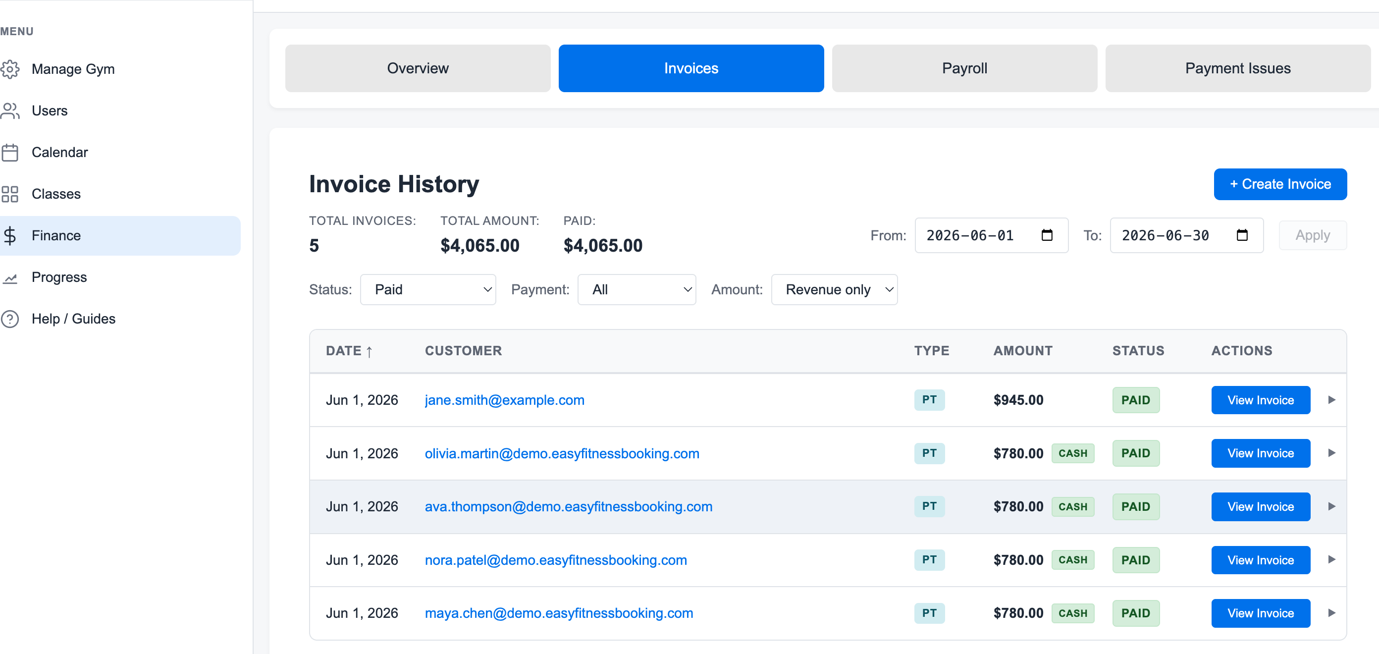 Invoice history page showing totals, filters, invoice rows, and the Create Invoice action