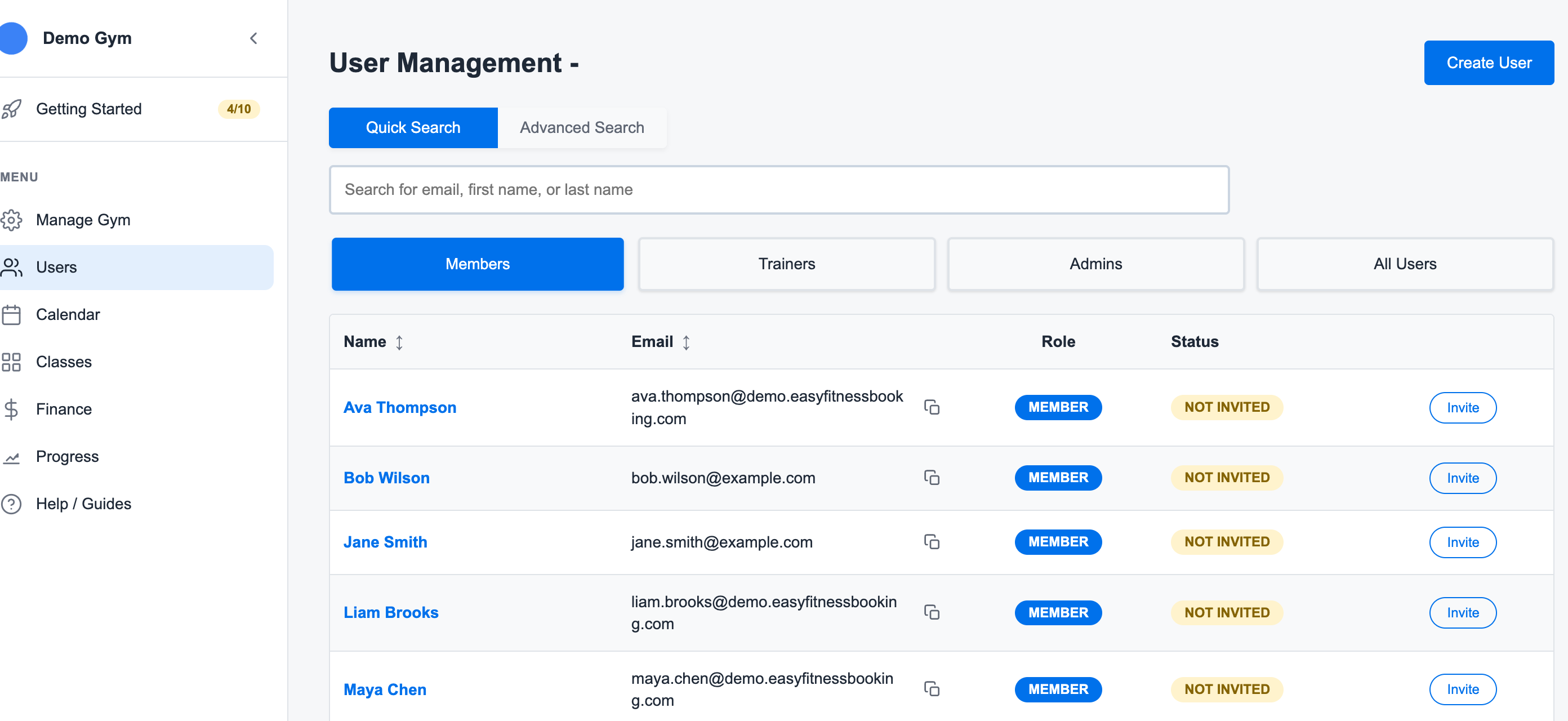 User management page showing the Create User action and user search controls