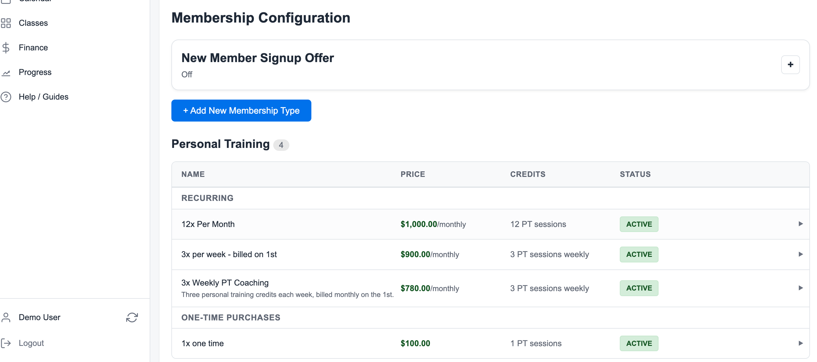 Membership configuration showing existing offers, add membership type action, prices, credits, and status