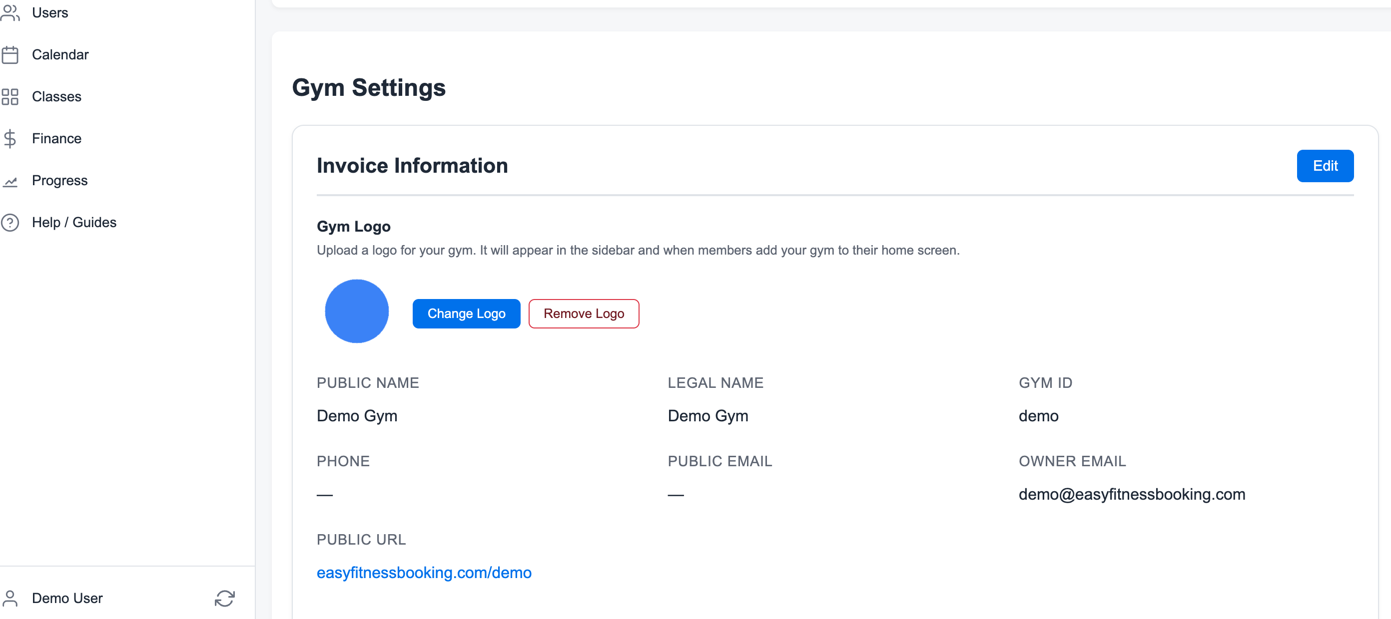 Gym settings panel showing invoice information, logo controls, public gym details, and public URL