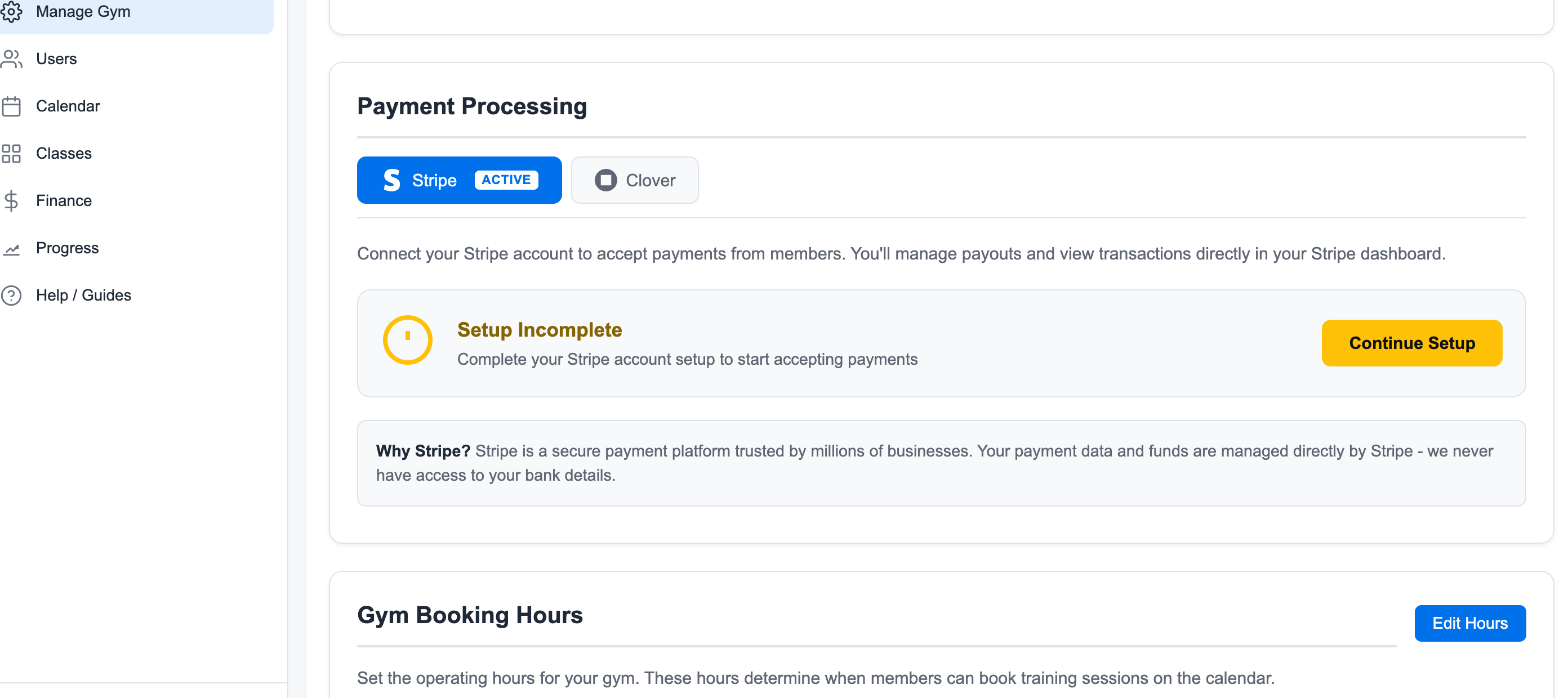 Payment processing settings showing Stripe and Clover provider options