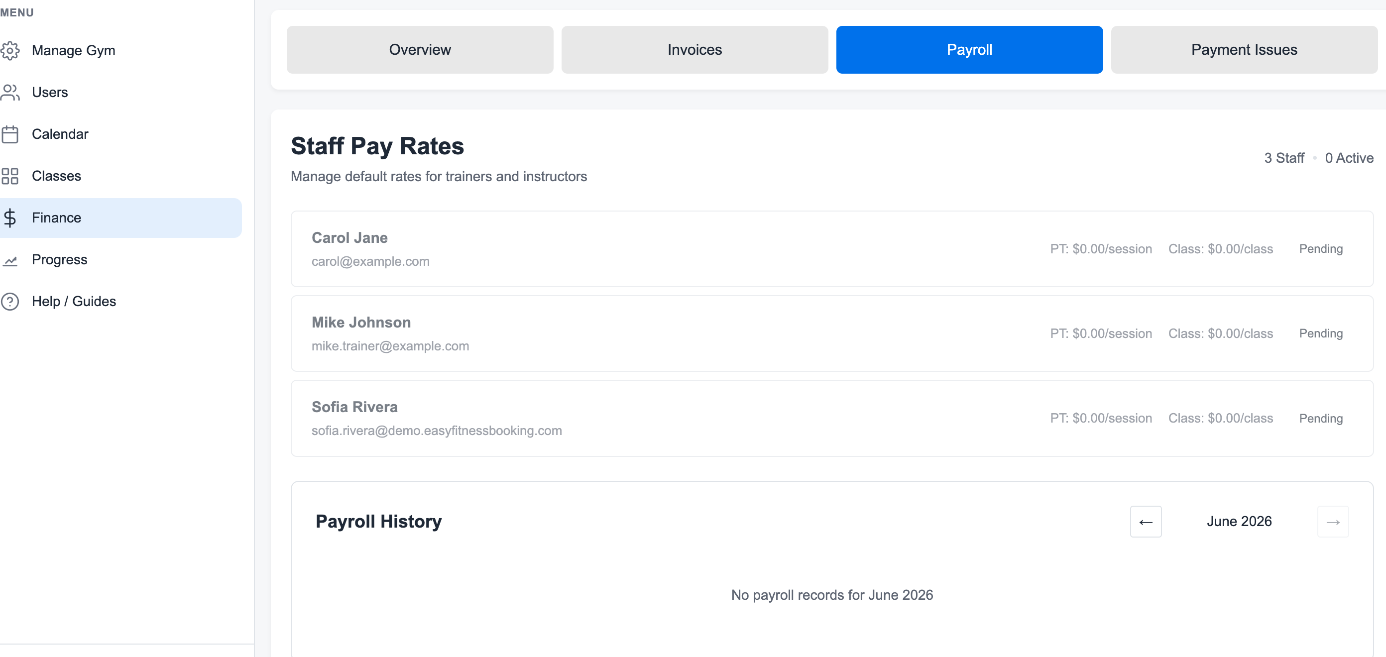 Payroll workspace showing staff pay rates, trainer list, and payroll history