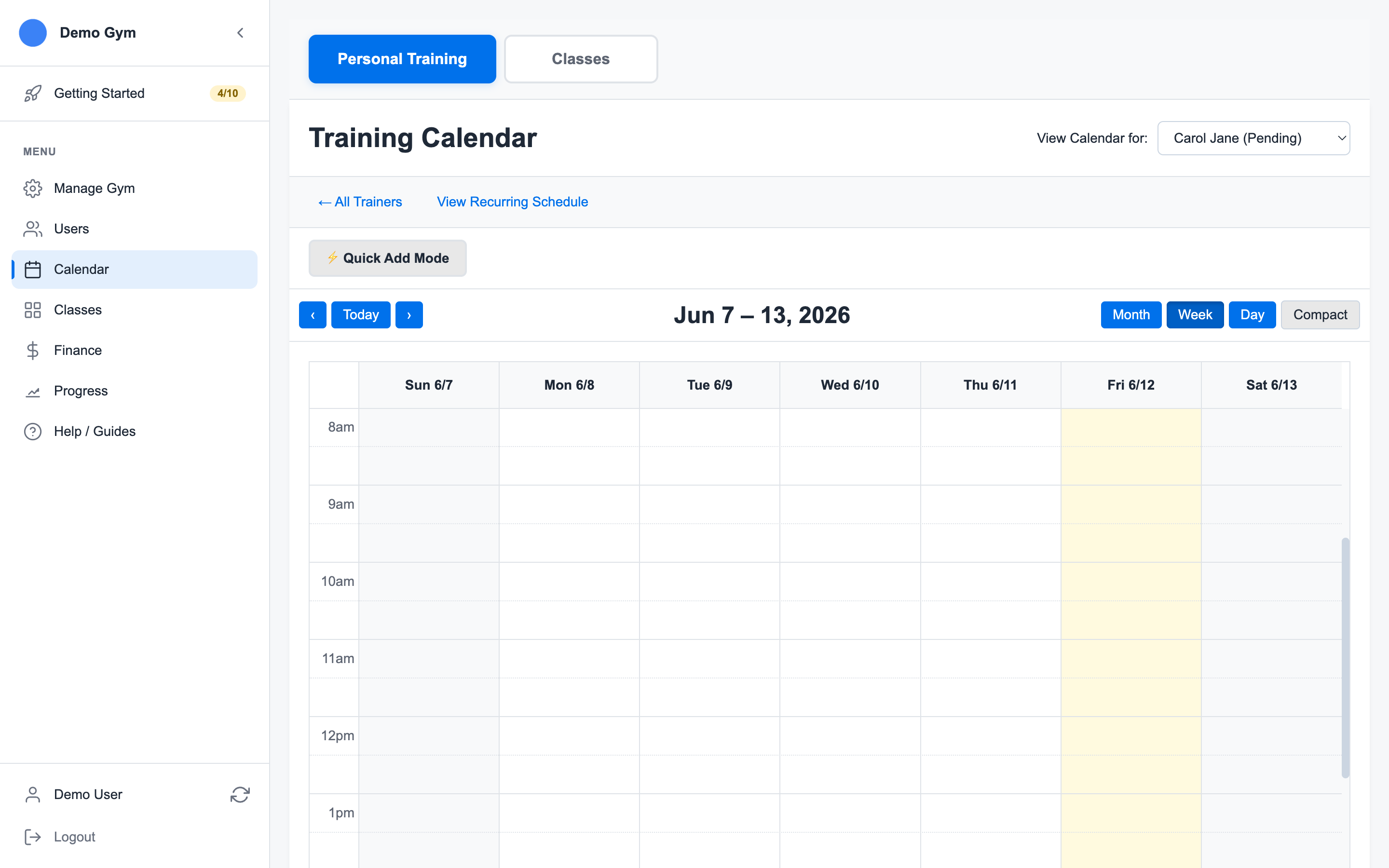 Trainer calendar workspace showing a weekly schedule for one trainer