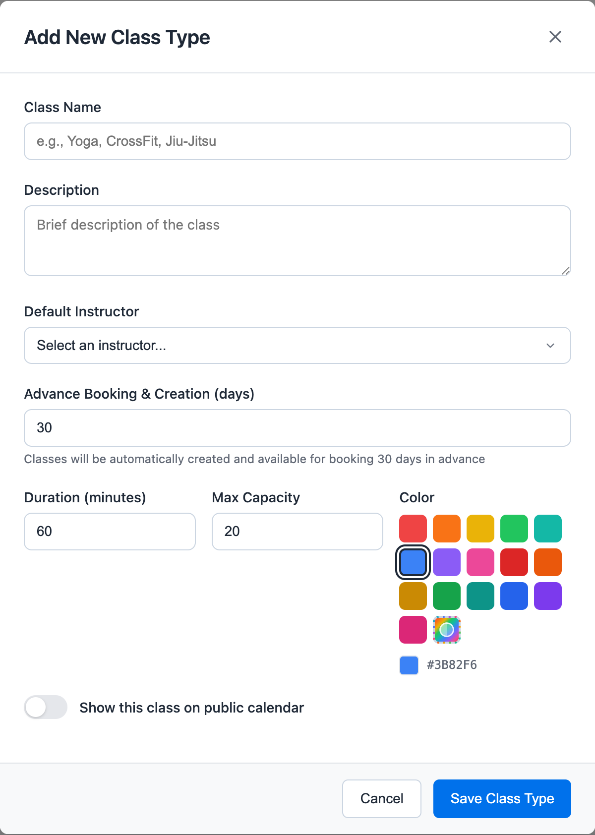 Add class type modal showing advance booking and public calendar options