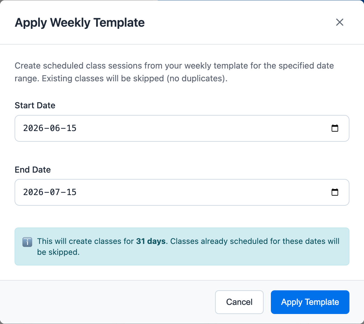 Apply weekly template modal showing date range fields and duplicate-skipping behavior