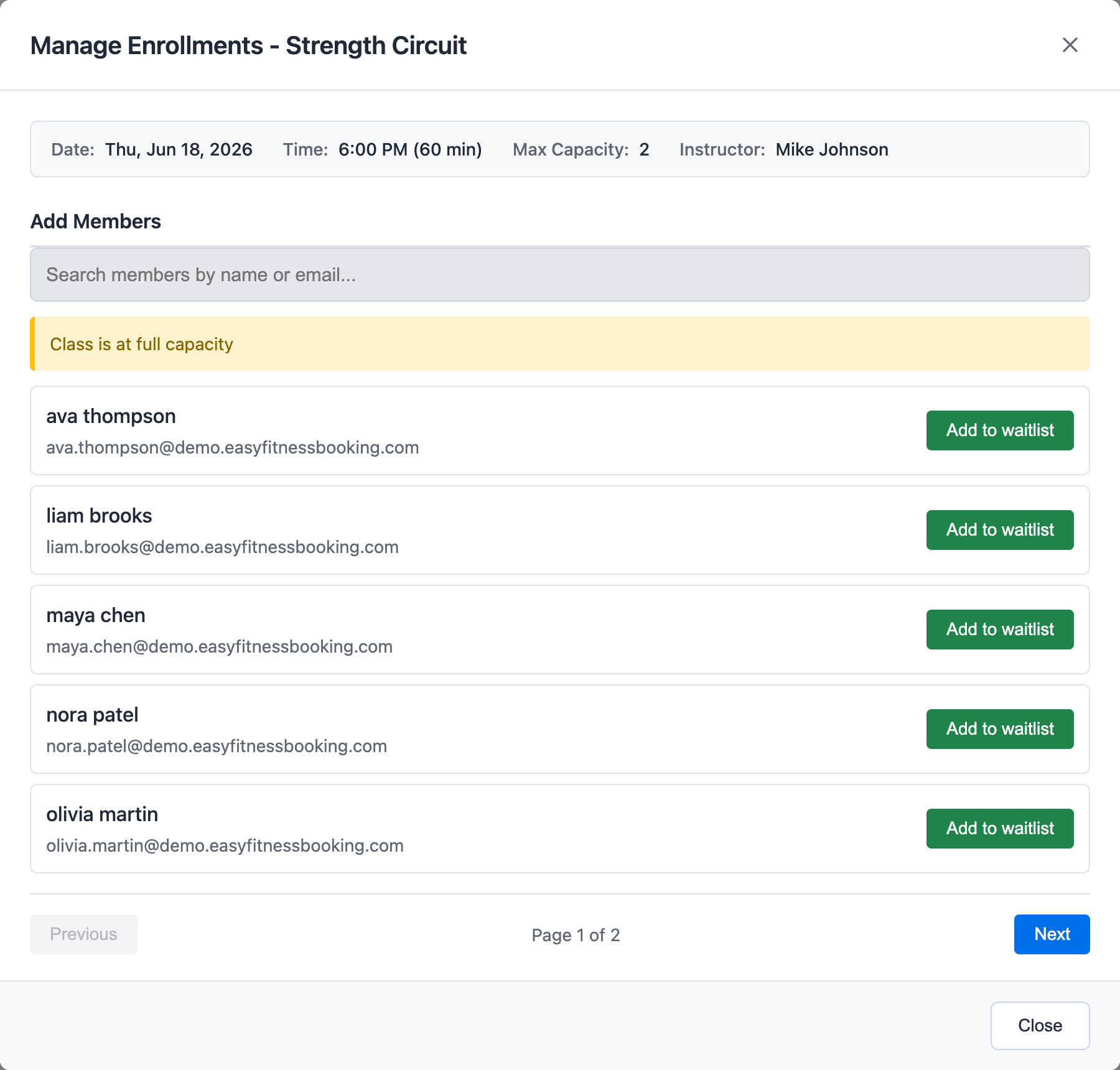 Attendance modal showing full class capacity and add-to-waitlist actions