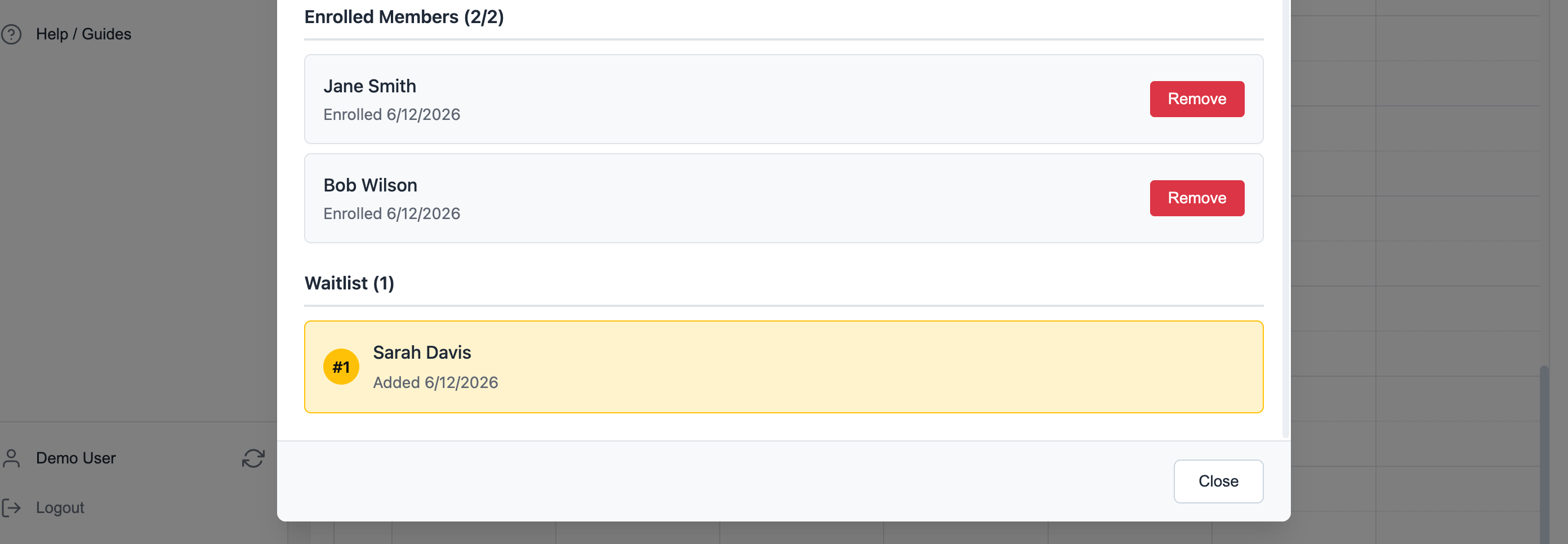 Attendance modal showing enrolled members and ordered waitlist