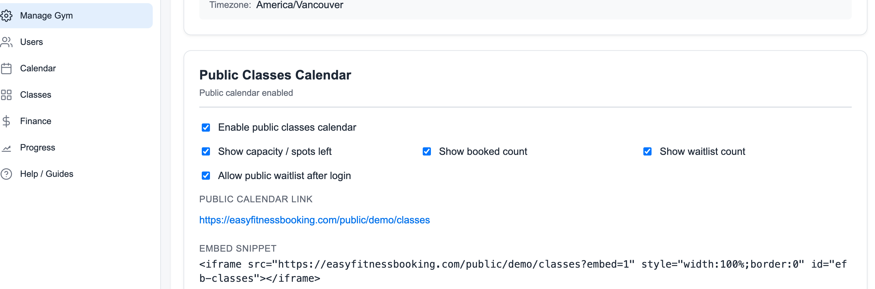 Public classes calendar settings showing capacity, booked count, waitlist count, and public waitlist options
