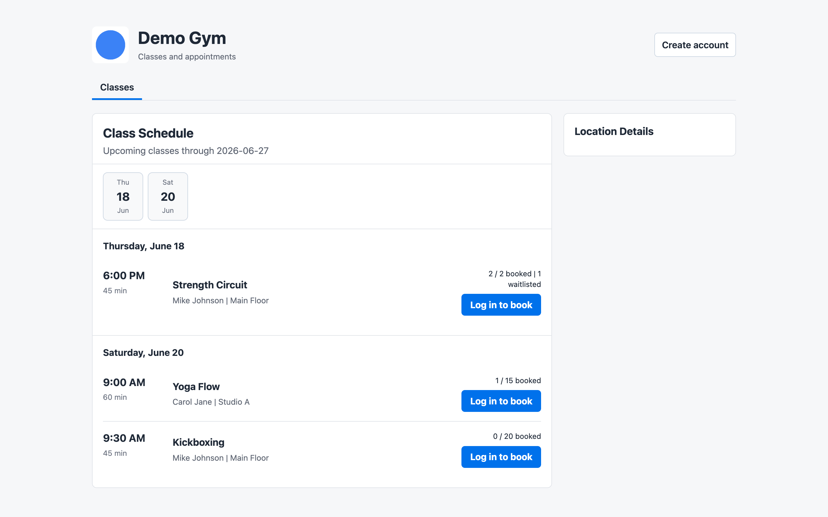 Public class calendar showing a full Strength Circuit class with booked and waitlisted counts