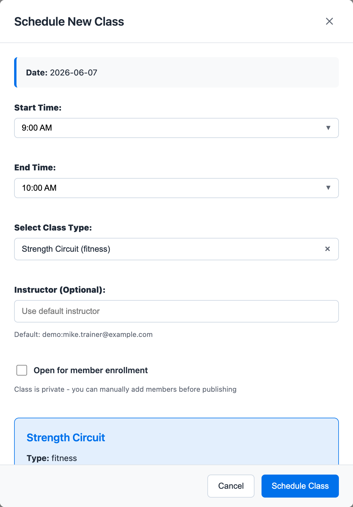 Schedule New Class modal showing date, start time, end time, class type, instructor, enrollment visibility, and schedule action