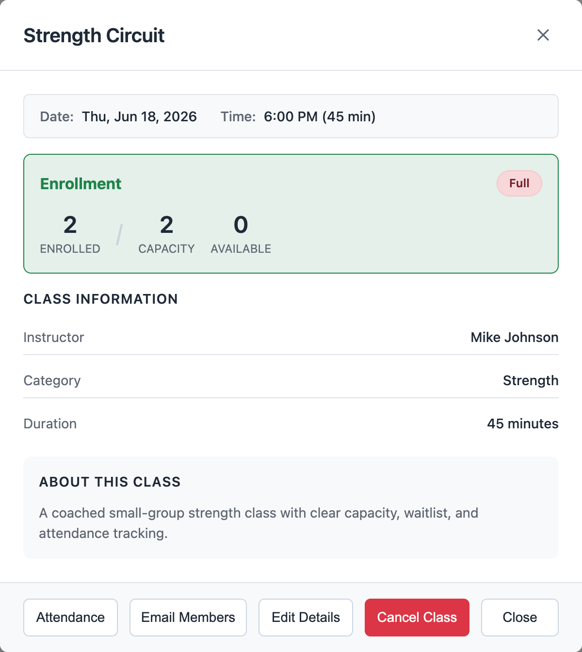 Class detail modal showing date, time, enrollment, capacity, instructor, category, duration, and attendance button