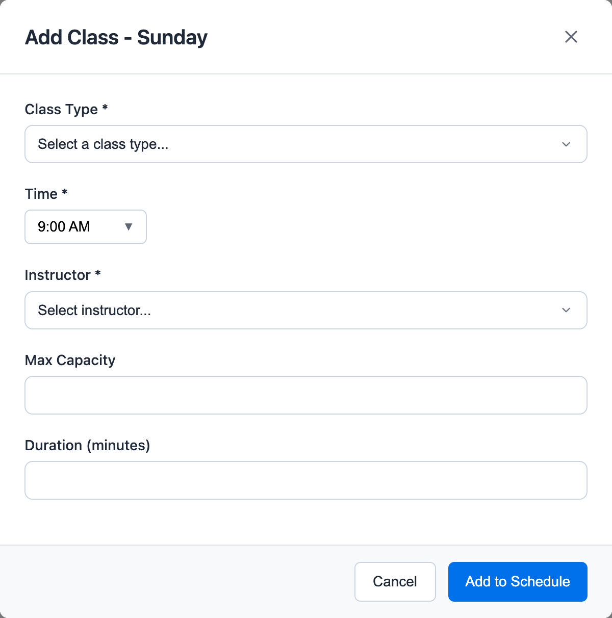 Add class to weekly template modal showing class type, time, instructor, capacity, and duration