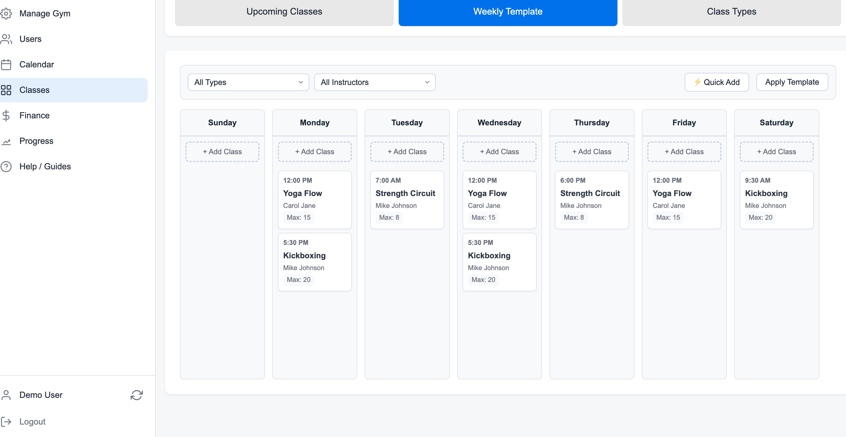 Weekly class template showing recurring Yoga Flow, Strength Circuit, and Kickboxing sessions