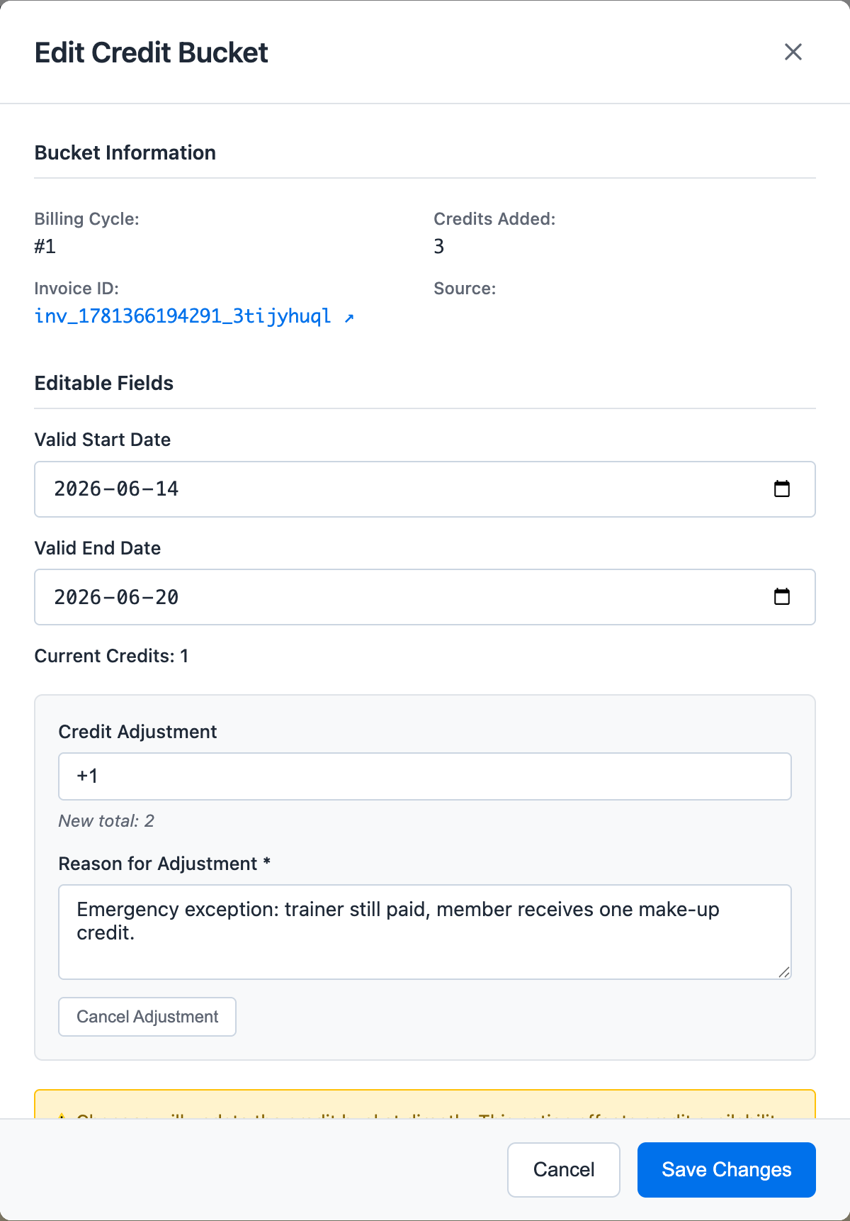 Edit Credit Bucket modal showing a plus one credit adjustment and required reason for adjustment