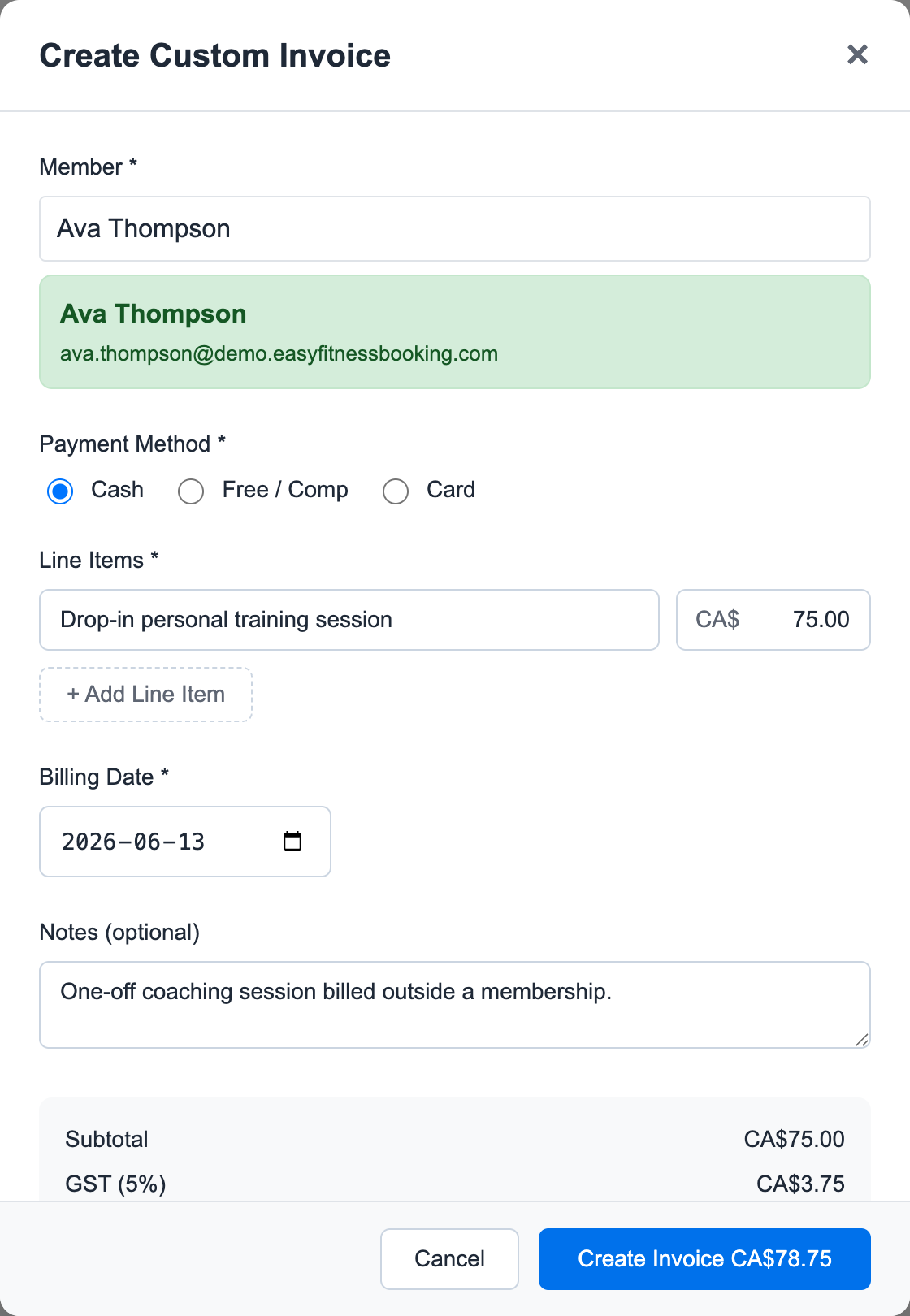 Create Custom Invoice modal showing Ava Thompson, cash payment, a drop-in personal training line item, notes, tax, and final total