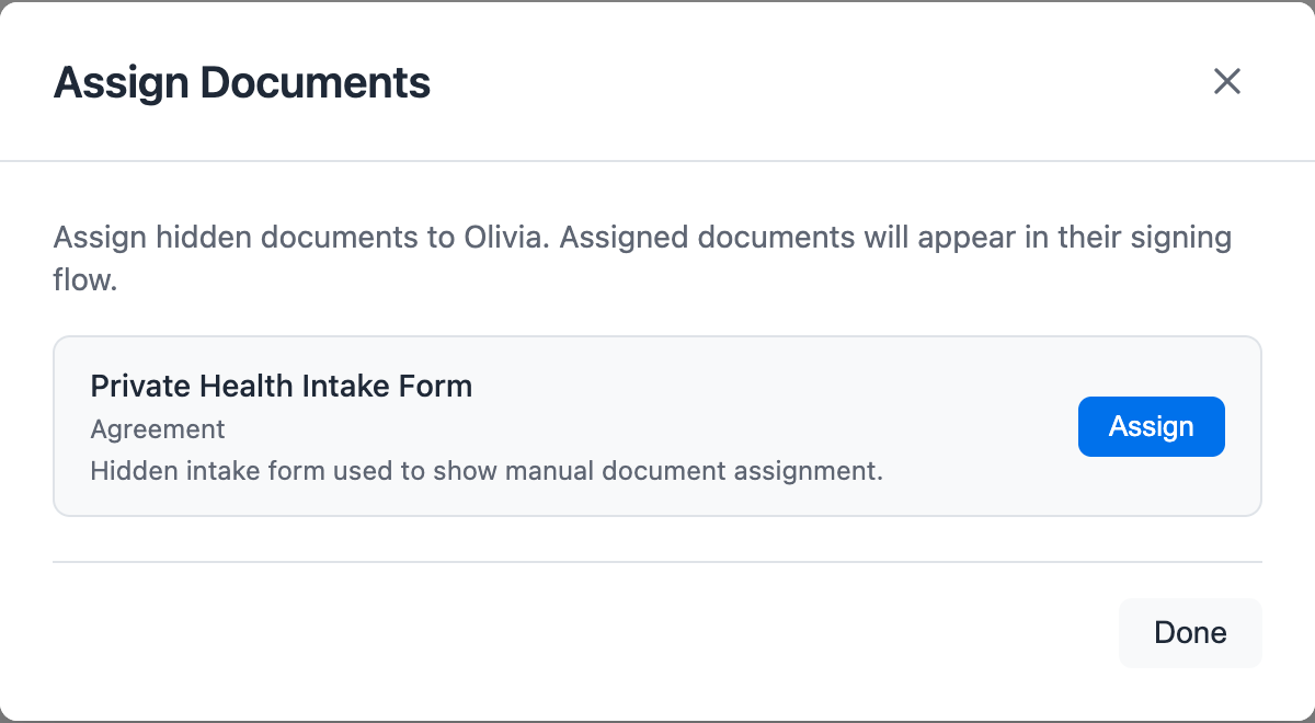 Assign Documents modal showing hidden documents that can be assigned or unassigned for a specific member