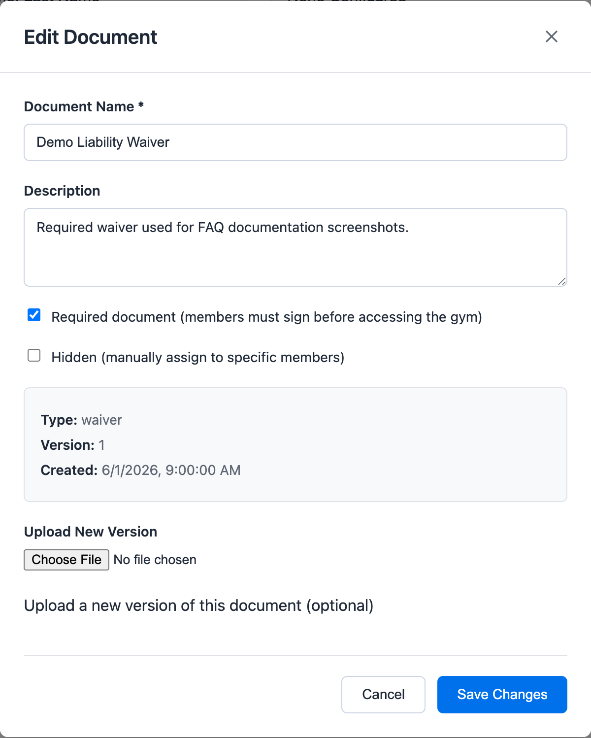 Edit Document modal showing document name, description, required setting, hidden setting, version details, and upload new version field