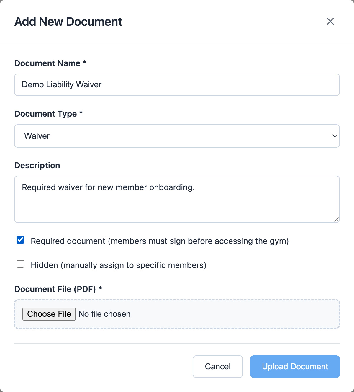 Add New Document modal showing document name, type, description, required document setting, hidden setting, and PDF upload field