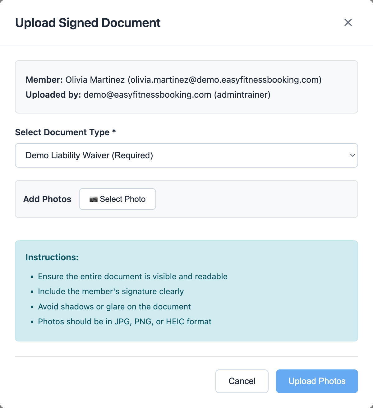 Upload Signed Document modal showing member, uploader, document type selection, photo upload action, and photo quality instructions