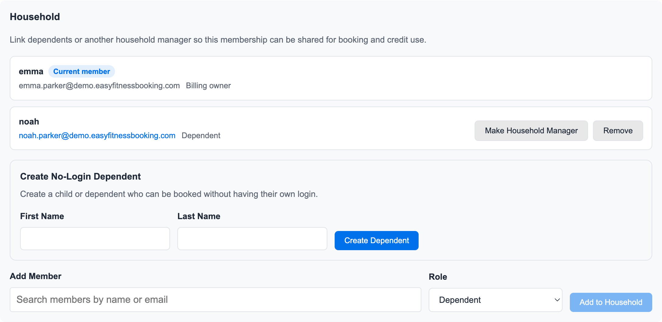Household admin panel showing Emma Parker linked with dependent Noah Parker and controls for household roles