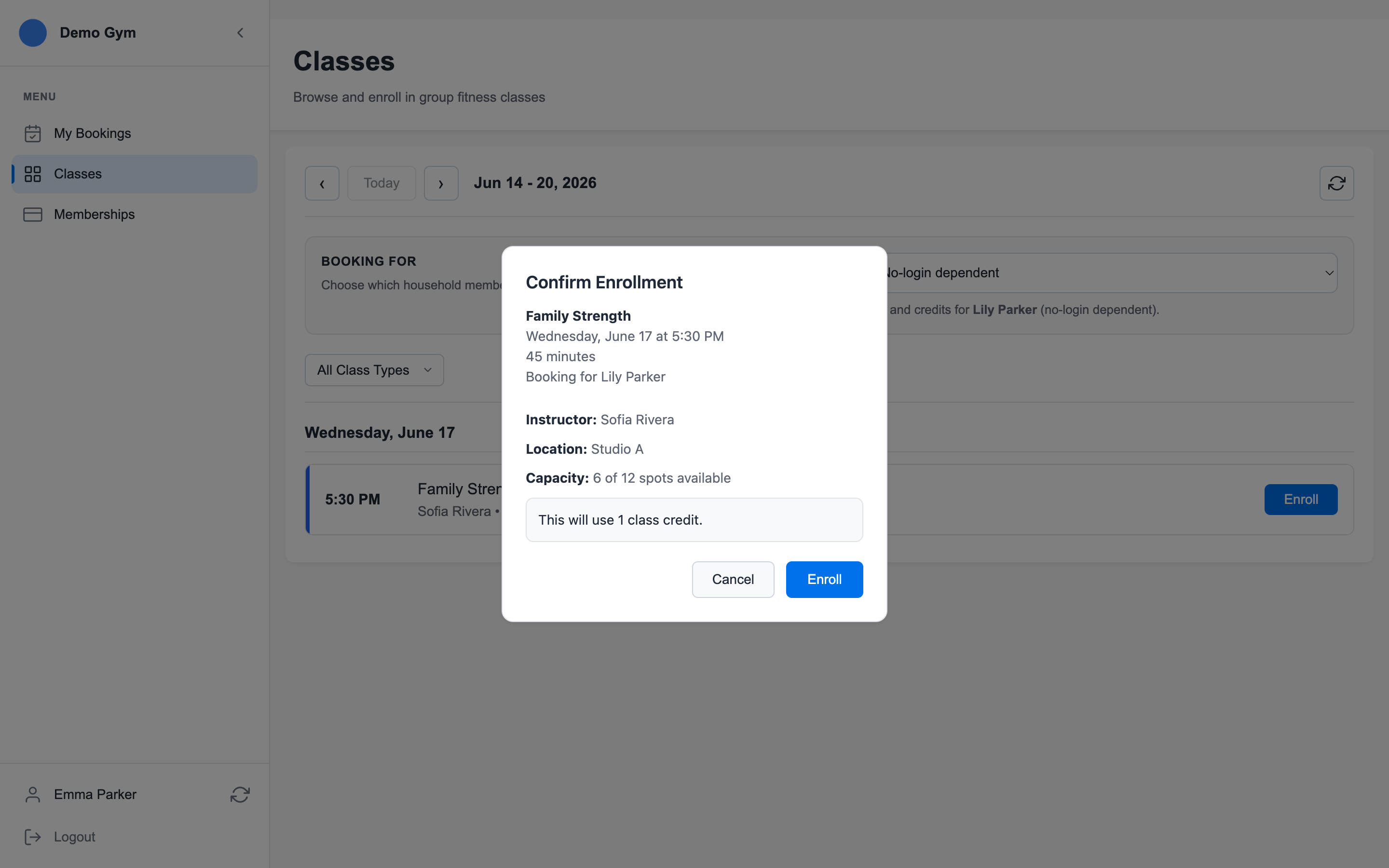 Confirm Enrollment modal over the class schedule showing the class is being booked for Lily Parker, the no-login dependent