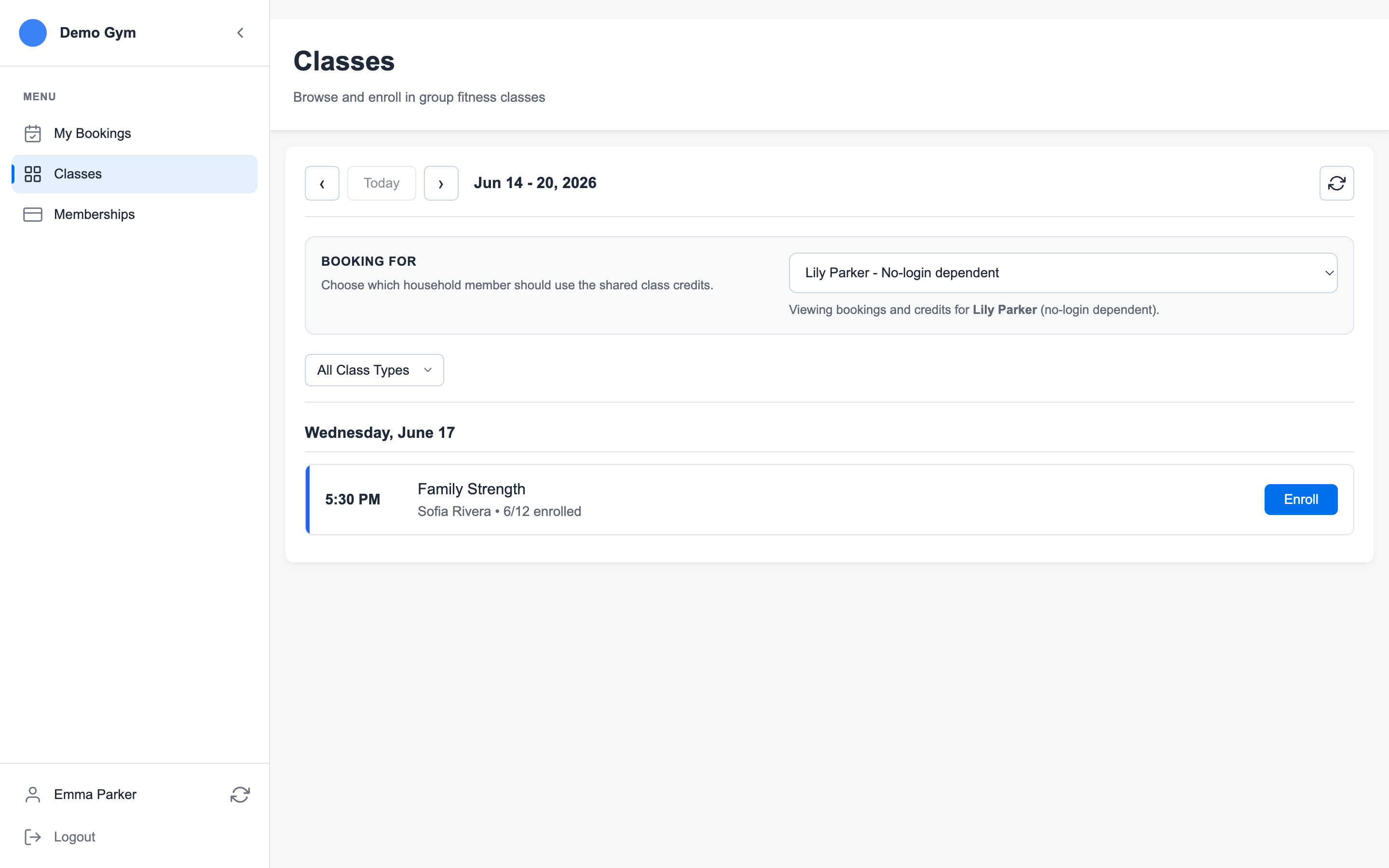 Member portal class schedule showing Emma Parker choosing Lily Parker, a no-login dependent, in the Booking for selector before enrolling in a class