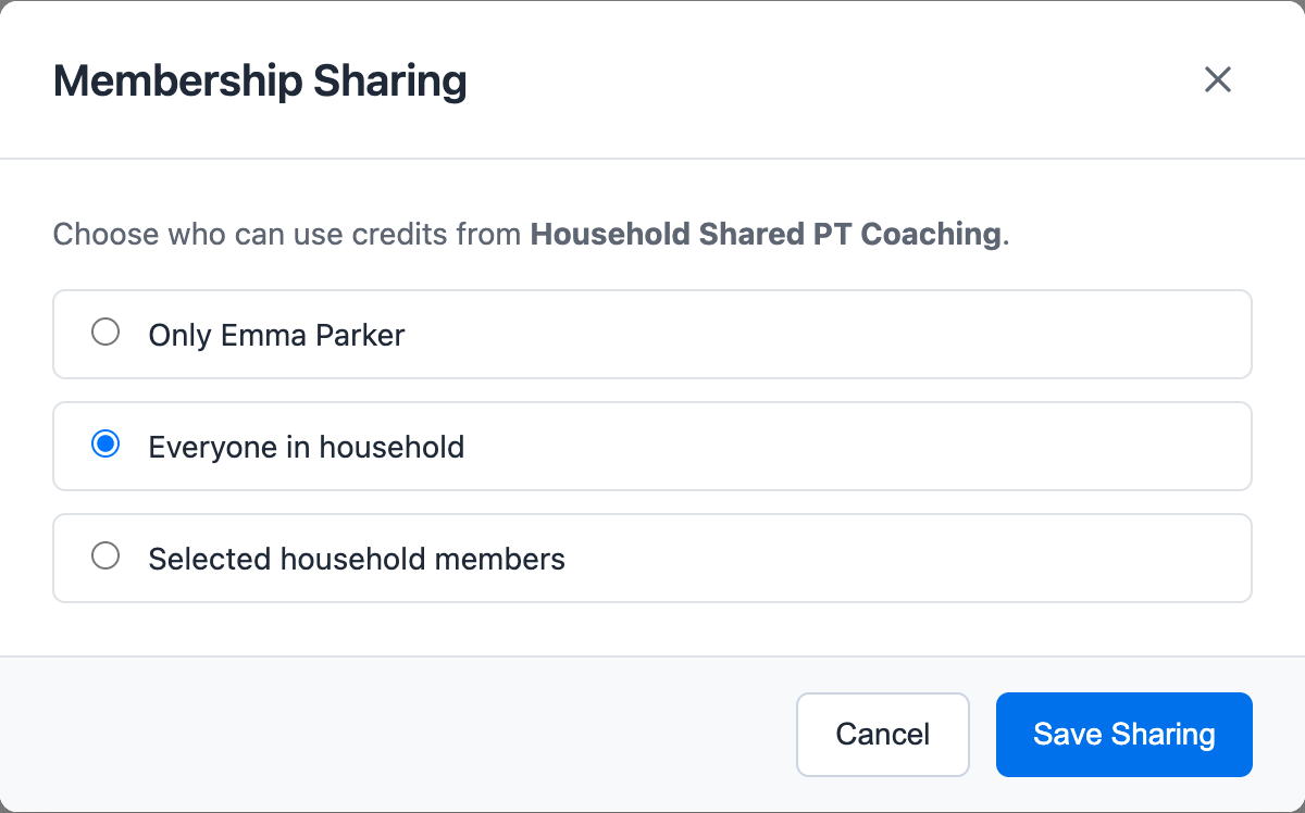Membership Sharing modal showing owner-only, everyone in household, and selected household member options