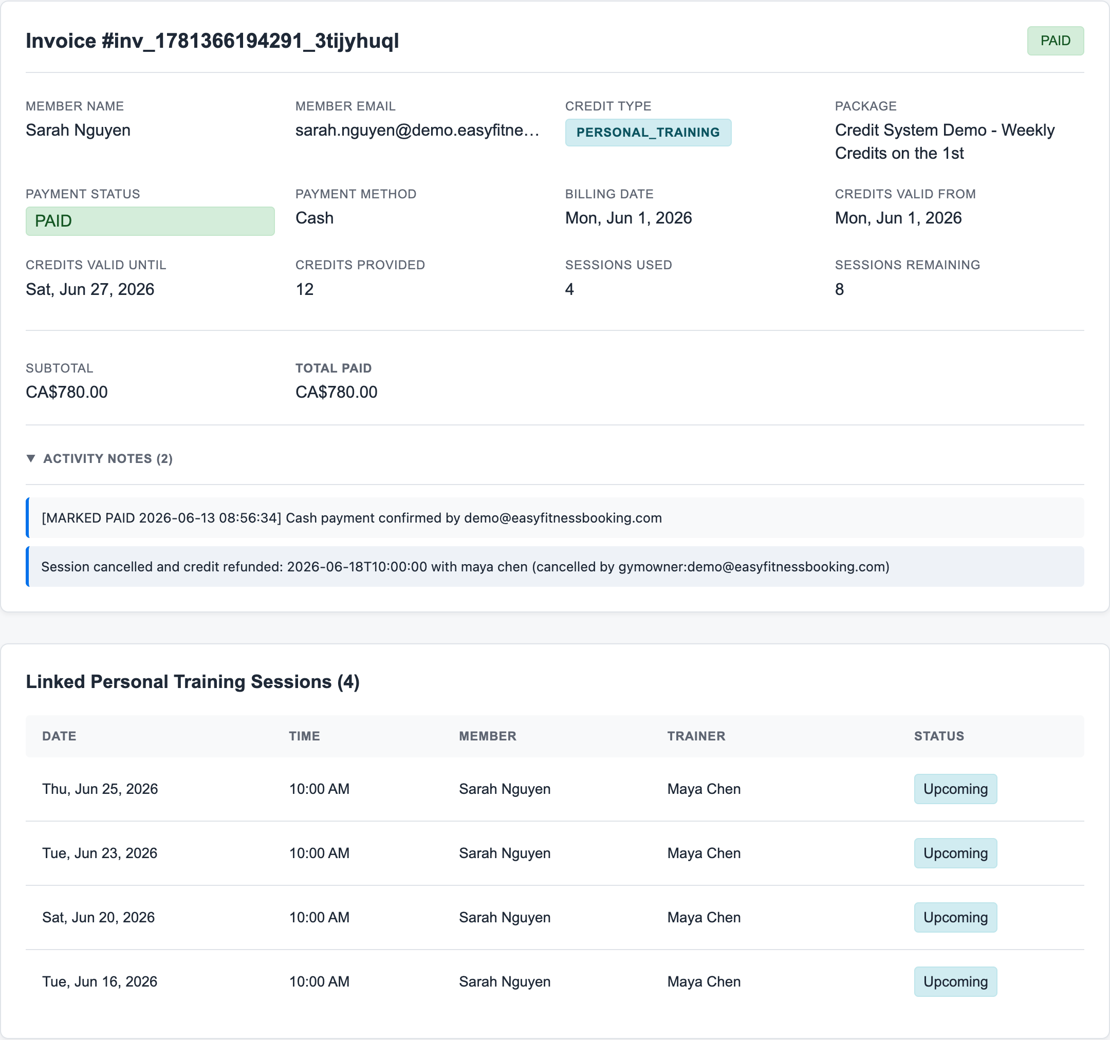 Invoice detail showing activity notes expanded with linked personal training sessions in the same view